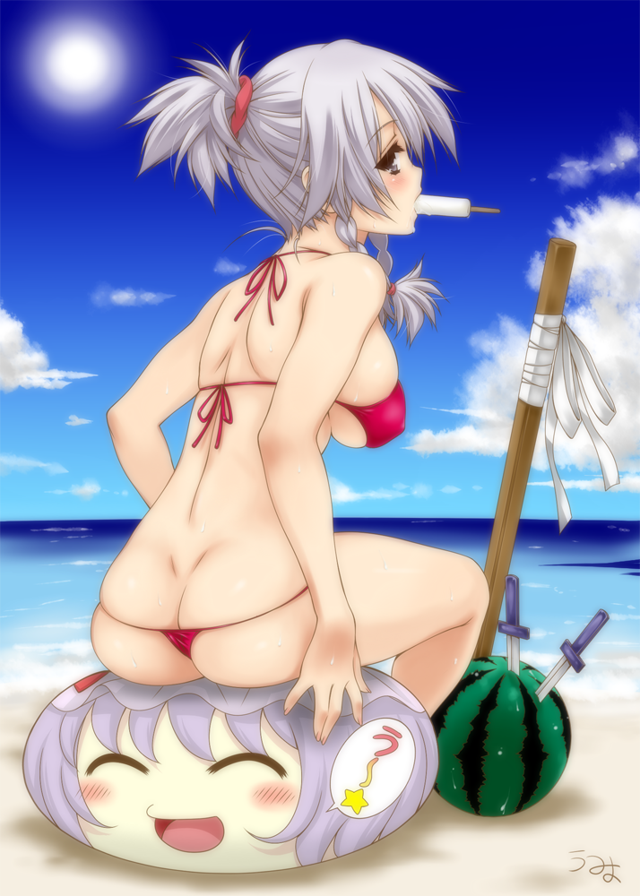 10s 2012 alternate_hairstyle ass back ball beach beach_ball big_ass big_breasts bikini blush braid breasts butt_crack cloud day female female_focus food fruit knife large_ass large_breasts looking_at_viewer looking_back outdoors panties ponytail popsicle red_bikini remilia_scarlet sakuya_izayoi short_hair side_braid sitting sitting_on_ball sitting_on_beachball solo summer sweat swimsuit thong thong_bikini touhou twin_braids umyonge_(lkakeu) underwear watermelon yukkuri_shiteitte_ne