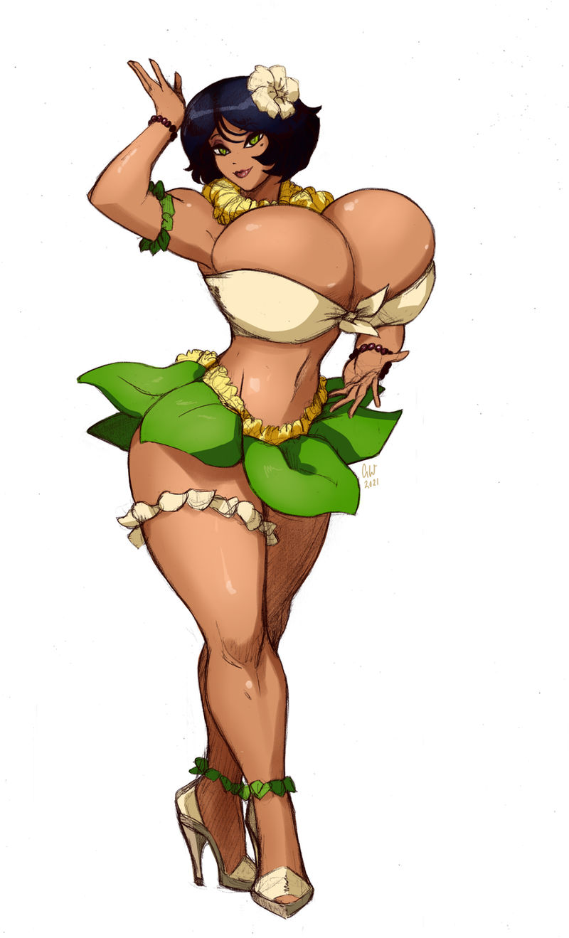 big_breasts black_hair curvy_female female flower_in_hair high_heels huge_breasts leaf_skirt short_hair totally_spies