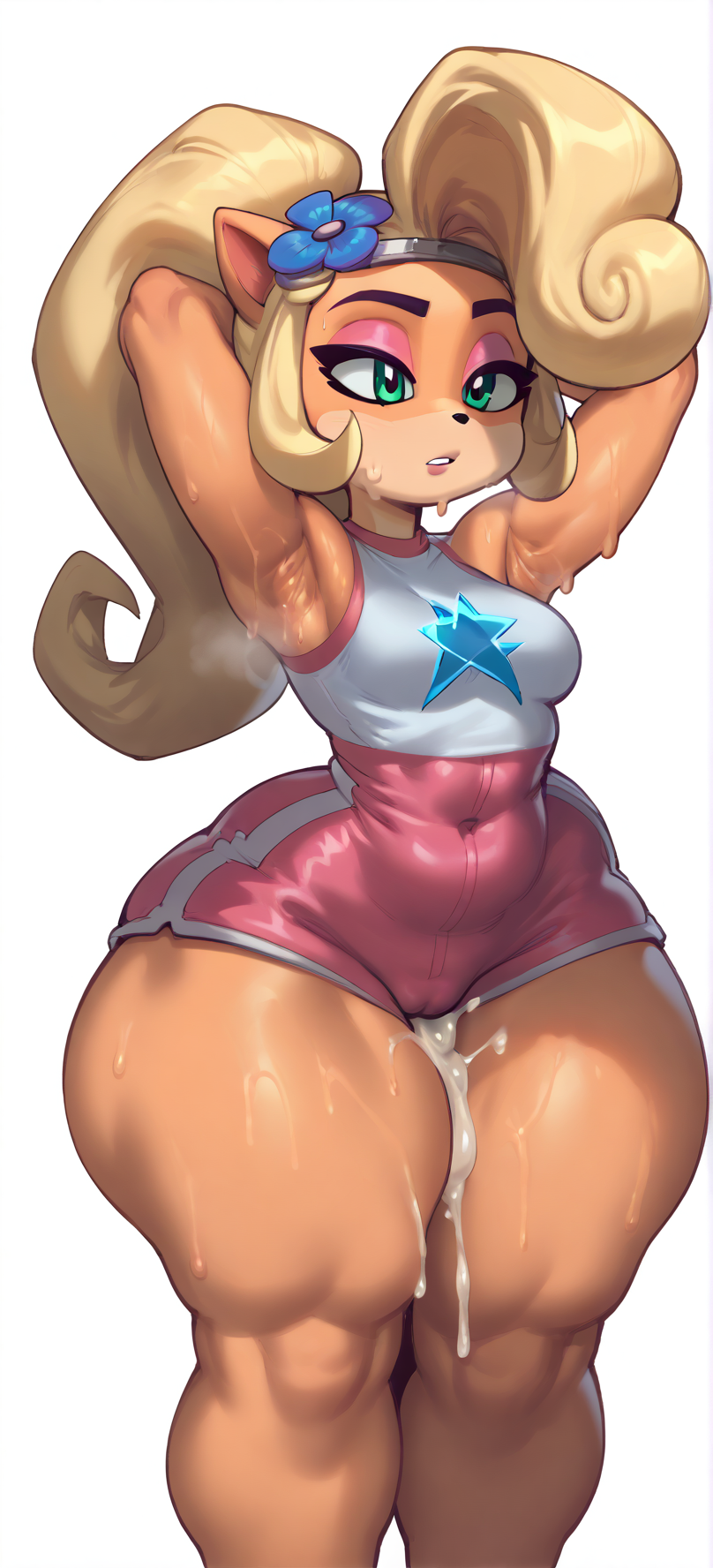 ai_generated armpit_fetish coco_bandicoot crash_(series) cum_on_thighs huge_thighs musk_fetish musky_armpit smell sweaty_body thick_thighs very_sweaty wet_body