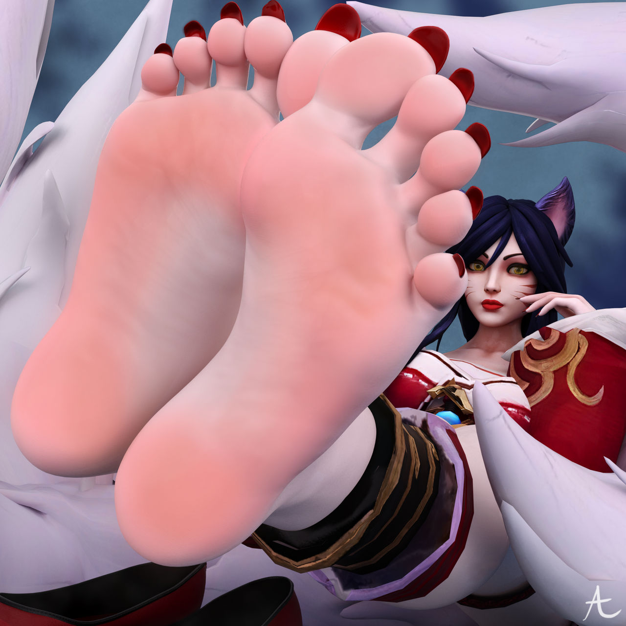 1girls 3d ahri asagamiyo barefoot black_hair face_markings feet foot_fetish foot_focus fox_ears fox_girl league_of_legends riot_games solo solo_female tagme yellow_eyes