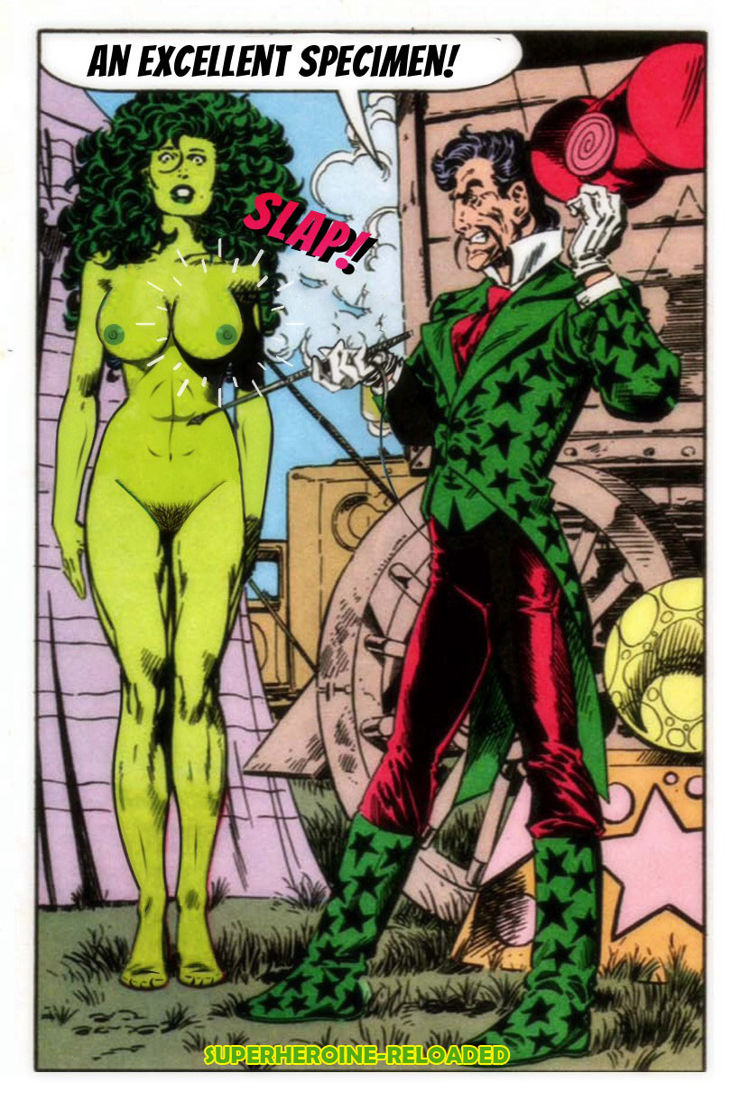 1boy 1girls breasts english_text green_hair green_lipstick green_nipples green_skin marvel marvel_comics medium_breasts naked naked_female nipples nude nude_female pubic_hair pussy she-hulk superheroine_reloaded text vagina