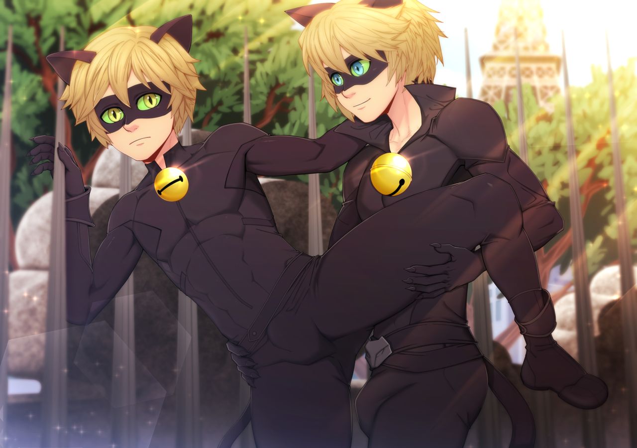 2boys 2d 2d_(artwork) adrien_agreste blonde_hair blue_eyes bodysuit bulge cat_ears cat_noir cousins domino_mask eye_mask felix_graham gay gay_male green_eyes hand_on_hip hand_on_leg imminent_sex incest male male/male male_only miraculous:_tales_of_ladybug_and_cat_noir miraculous_ladybug open_legs suiton toned toned_male twink yaoi young