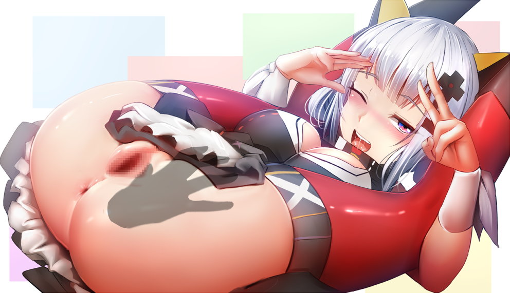 ;d anus ass blue_eyes blush breasts censored disembodied_limb eyebrows_visible_through_hair female folded ginhaha heart heart-shaped_pupils kaguya_luna kaguya_luna_(character) legs_behind_head looking_at_viewer medium_breasts mosaic_censoring no_panties one_eye_closed open_mouth pussy silver_hair smile solo_focus spread_pussy symbol-shaped_pupils v virtual_youtuber wince