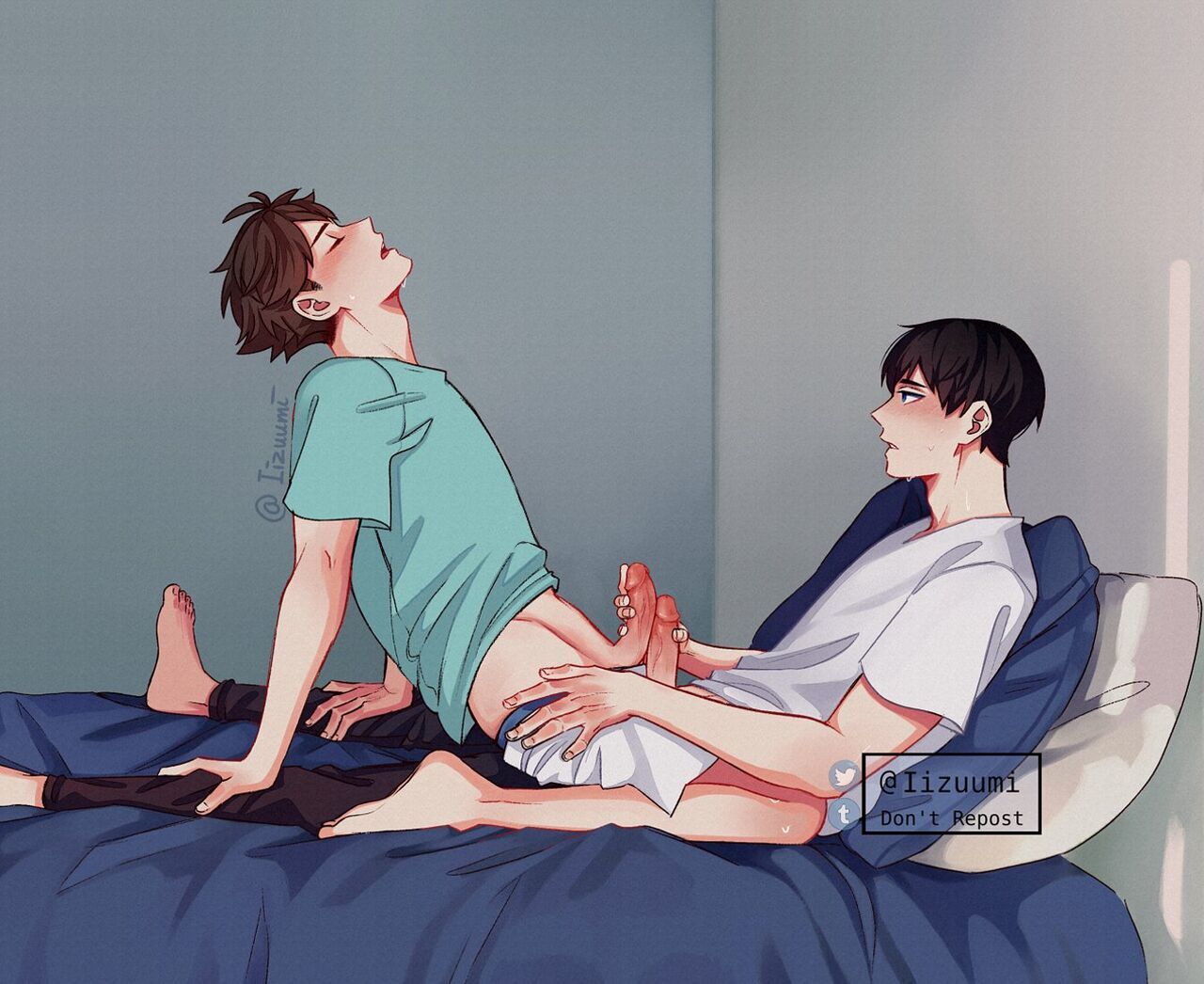 2boys abs anal anus balls bed black_hair blush brown_hair cock cum cum_in_ass cum_on_abs erect_nipples erect_penis erection frotting gay gay_blowjob gay_male haikyuu!! lizuumi_0 male male/male muscles muscular muscular_male oikawa_tooru_(haikyuu!!) open_legs penis teenager testicles tobio_kageyama yaoi young younger_male