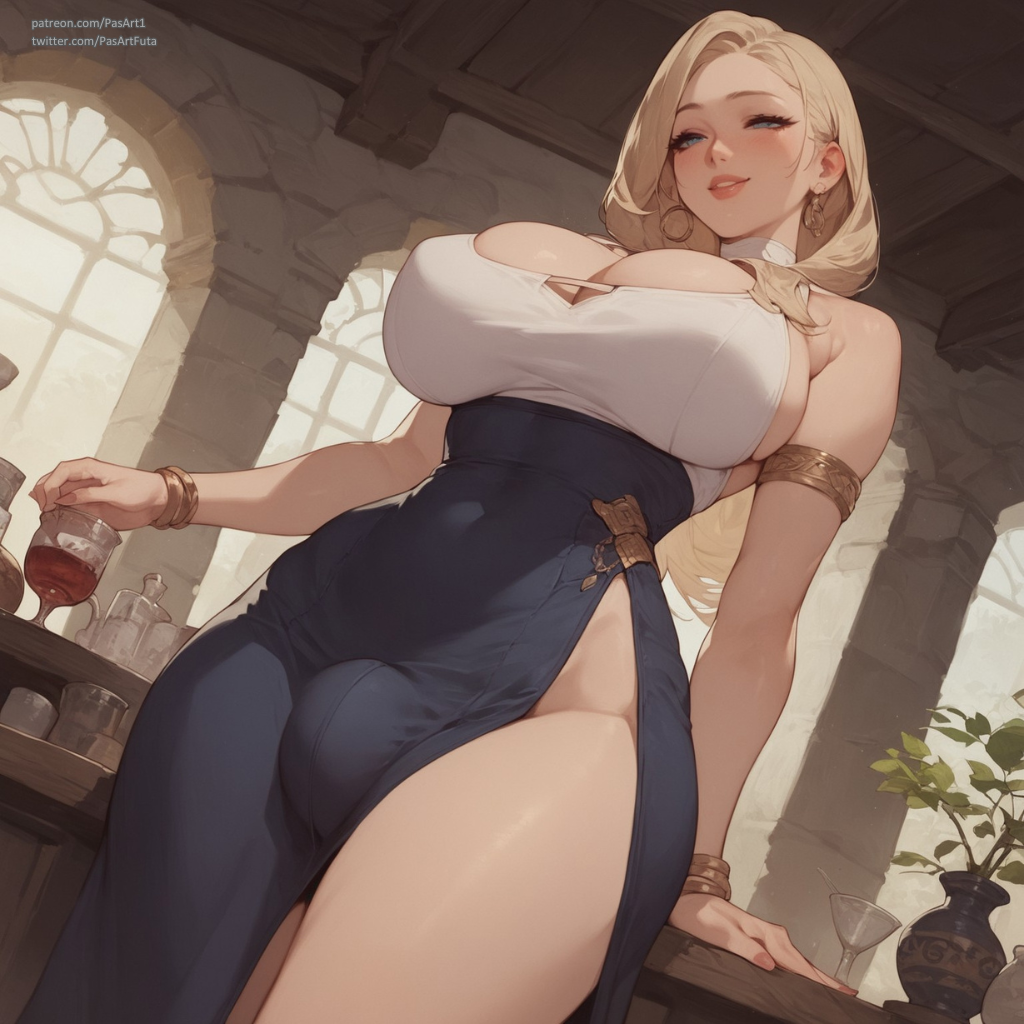 1futa ai_generated armband blonde blonde_hair blush bracelets breasts bulge cleavage clothed clothing earrings exposed_thigh futanari indoors large_breasts milf mommy pasart smile solo solo_futa