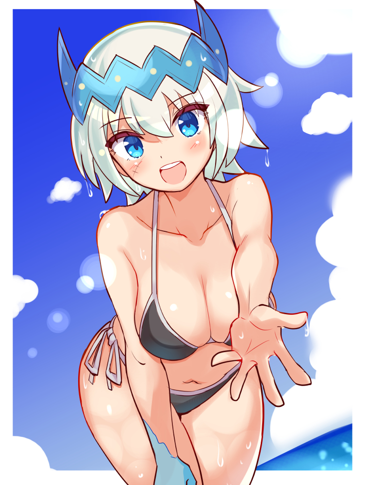 beach bikini blue_eyes blue_scales blush cougar1404 dragon_girl dragon_marked_for_death empress_(dmfd) happy holding_out_hand horn horns inti_creates looking_at_viewer scales scar smile summer swimsuit wet white_hair