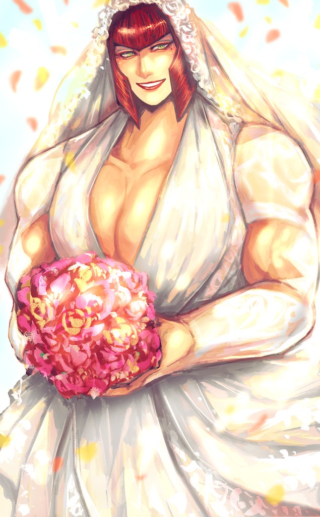 1girls abs bangs big_breasts blush bouquet breasts clavicle closed_eyes clothing cowboy_shot diagonal_bangs female green_eyes grin highres holding_bouquet holding_flower huge_breasts large_breasts looking_at_viewer marisa_rossetti mole mole_under_eye muscle muscular muscular_female open_mouth pectorals red_hair revealing_clothes short_hair sidelocks smile solo solo_female spread_legs street_fighter street_fighter_6 thick_thighs thighs wedding_dress wedding_veil white_background zmnjo1440