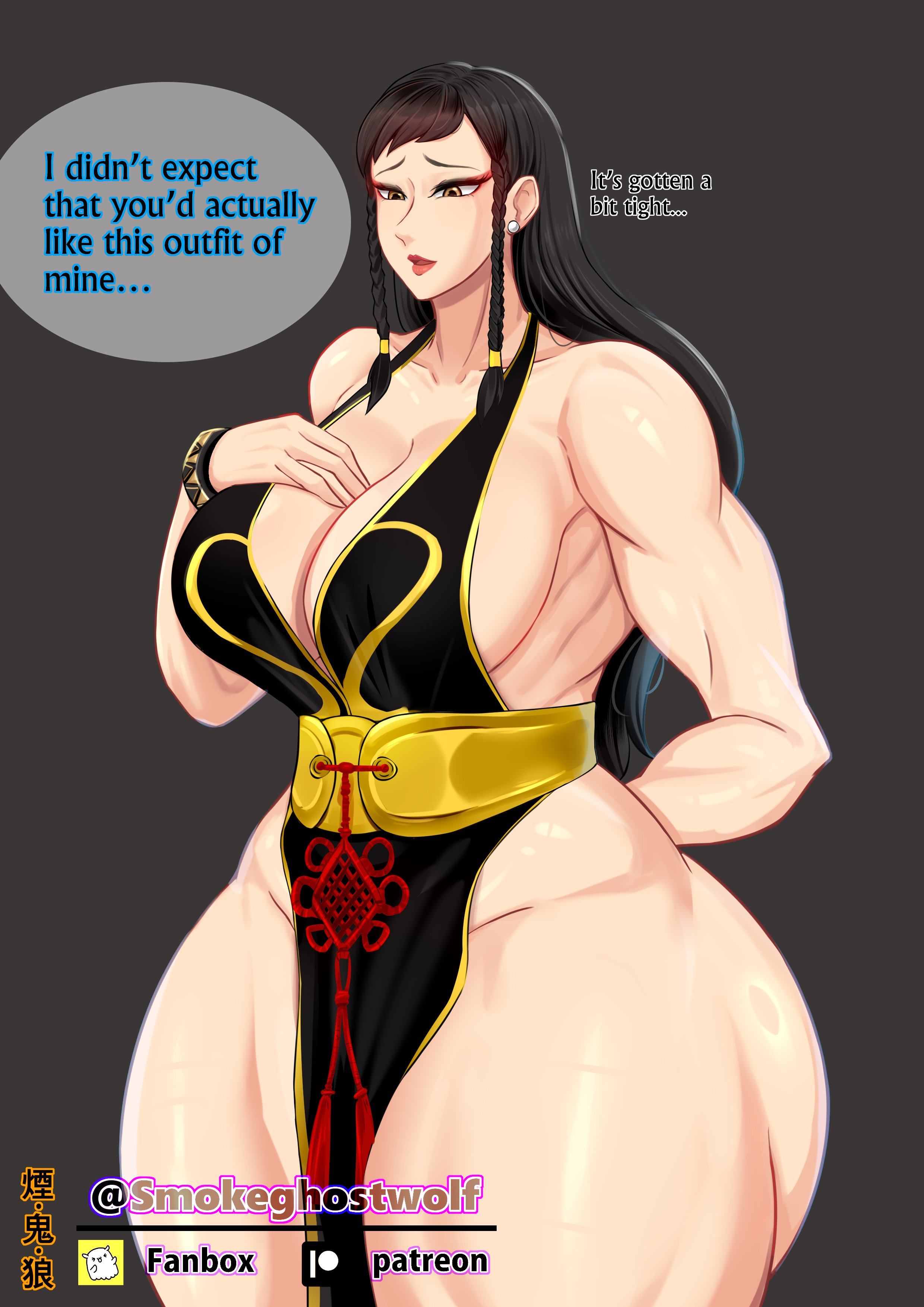 1girls, asian, asian female, ass, big breasts, bracelet, braid, breasts, chun-li, earrings, female, hands on breasts, looking at viewer, makeup, muscular, muscular female, no bra, no panties, sleeveless, smokeghostwolf, street fighter, tagme, thick thighs, thighs, wrist cuffs