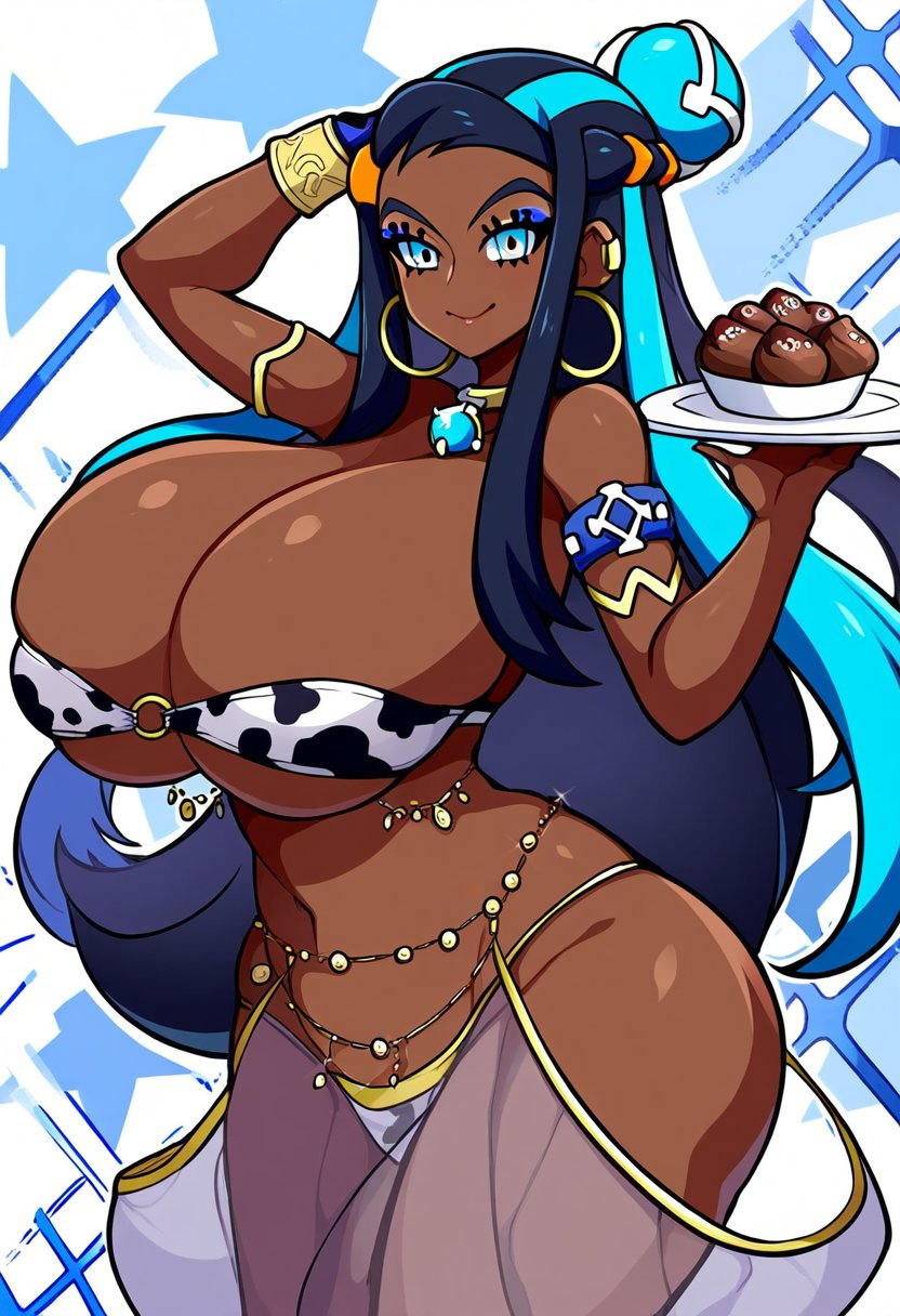 1female 1girls ai_generated armlet bimbo bimbo_body bimbofication bimbofied blue_eyes blue_hair breasts breasts_bigger_than_head cleavage cow_print dan16369336 dark-skinned_female dark_skin earrings female female_only gamefreak hair_ornament hoop_earrings hourglass_figure huge_breasts jewelry long_hair looking_at_viewer nessa_(pokemon) pokemon pokemon_ss smile sole_female solo twitter_link voluptuous voluptuous_female