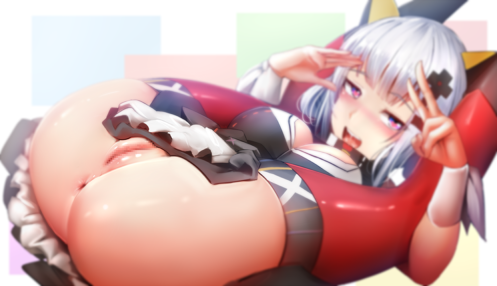 :d anus ass blue_eyes blurry blurry_background blush breasts censored depth_of_field eyebrows_visible_through_hair female folded ginhaha heart heart-shaped_pupils kaguya_luna kaguya_luna_(character) legs_behind_head looking_at_viewer medium_breasts mosaic_censoring no_panties open_mouth pussy silver_hair smile solo symbol-shaped_pupils v virtual_youtuber