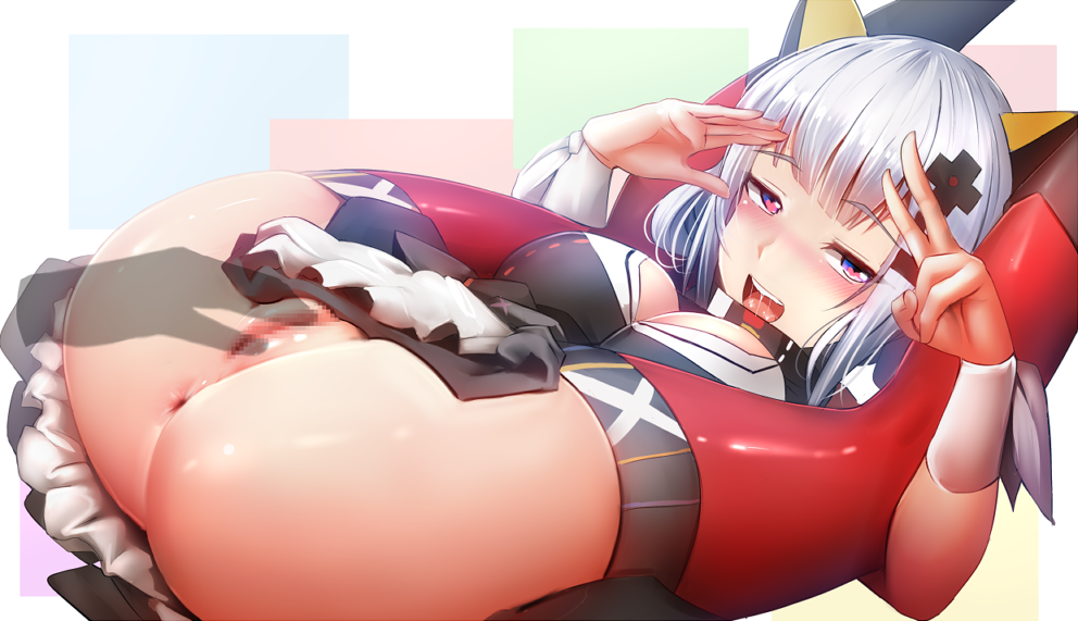 :d anus ass blue_eyes blush breasts censored disembodied_limb eyebrows_visible_through_hair female fingering folded ginhaha heart heart-shaped_pupils kaguya_luna kaguya_luna_(character) legs_behind_head looking_at_viewer medium_breasts mosaic_censoring no_panties open_mouth pussy silver_hair smile solo_focus symbol-shaped_pupils v virtual_youtuber