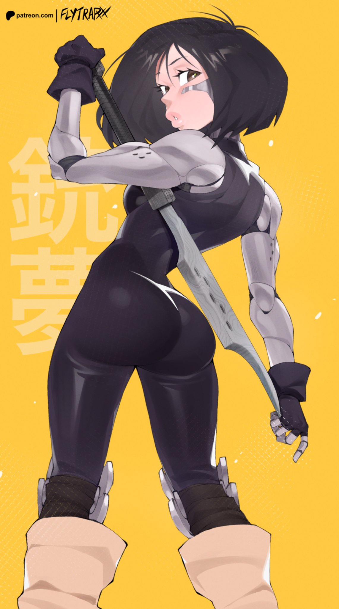 1female 1girls 2d 2d_(artwork) alita artist_name ass back_view battle_angel_alita big_ass big_butt black_hair brown_eyes clothed clothing cyborg cyborg_girl female female_only fingerless_gloves flytrapxx fully_clothed fully_clothed_female gloves japanese_text lips looking_back pinup pose rear_view robotic_arm solo solo_female weapon