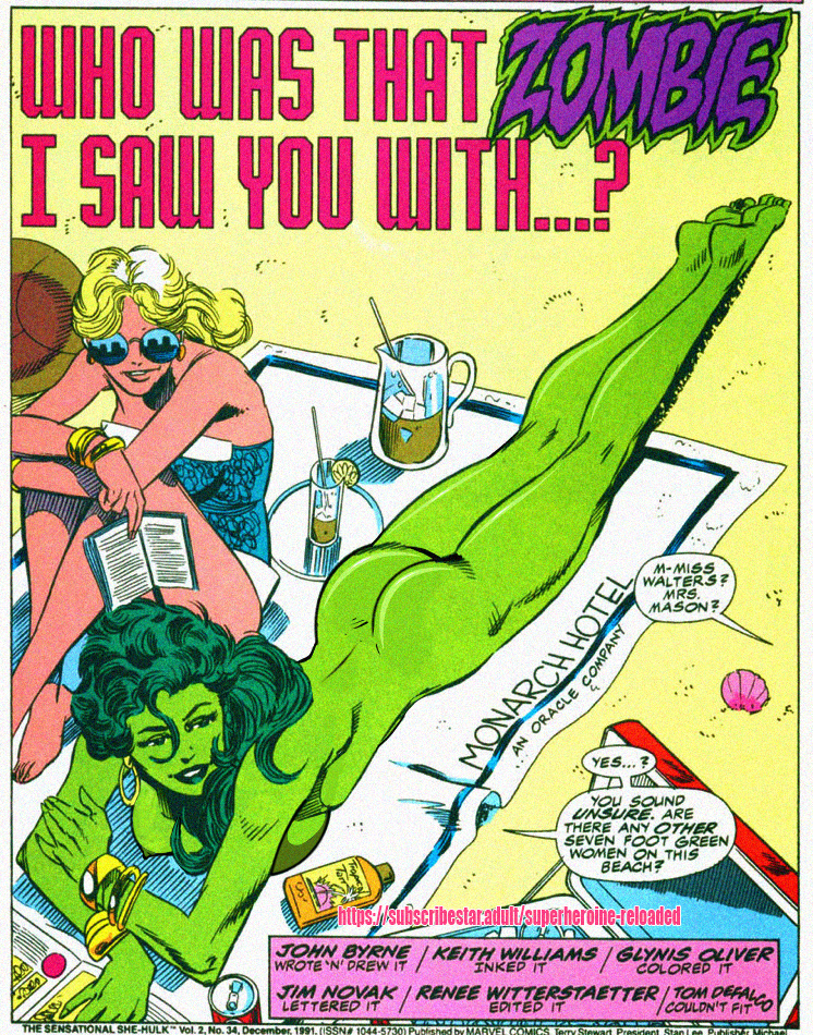 2girls ass beach blonde_hair breasts edit english_text green_hair green_lipstick green_skin marvel marvel_comics medium_breasts multiple_girls naked naked_female nipples nude nude_edit nude_female nude_filter she-hulk sunglasses superheroine_reloaded text