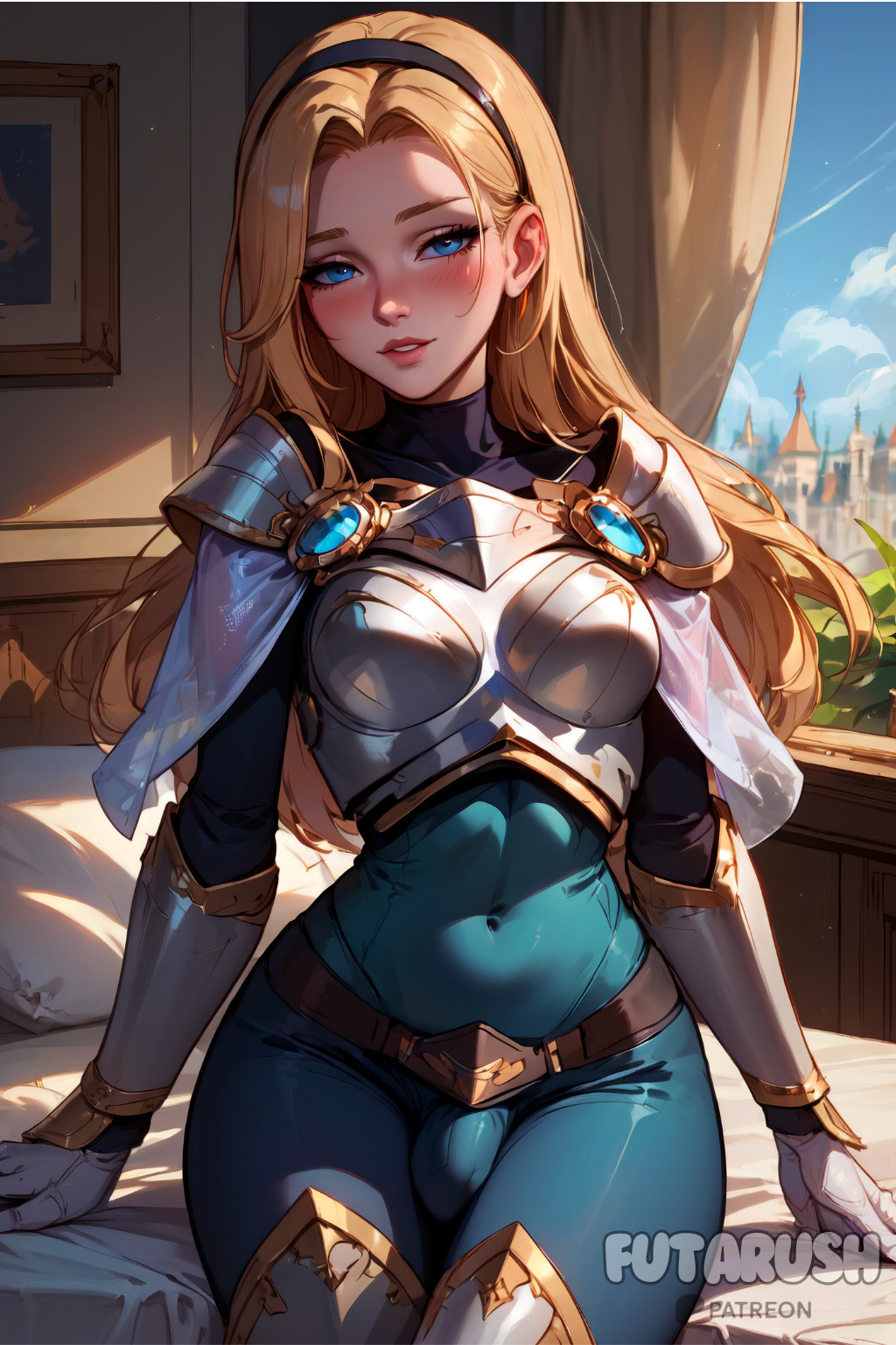 1futa ai_generated armor artist_name bed bedroom big_cock big_dick big_penis blonde_hair blue_eyes breasts bulge bulge_through_clothing clothed clothing cock commission dick dickgirl erect_penis erected_penis erection futa_balls futa_only futa_sans_pussy futanari futarush indoor indoors large_cock large_dick large_penis league_of_legends league_of_legends:_wild_rift luxanna_crownguard medium_breasts patreon patreon_username penis riot_games solo solo_futa sultryspark video_game video_games