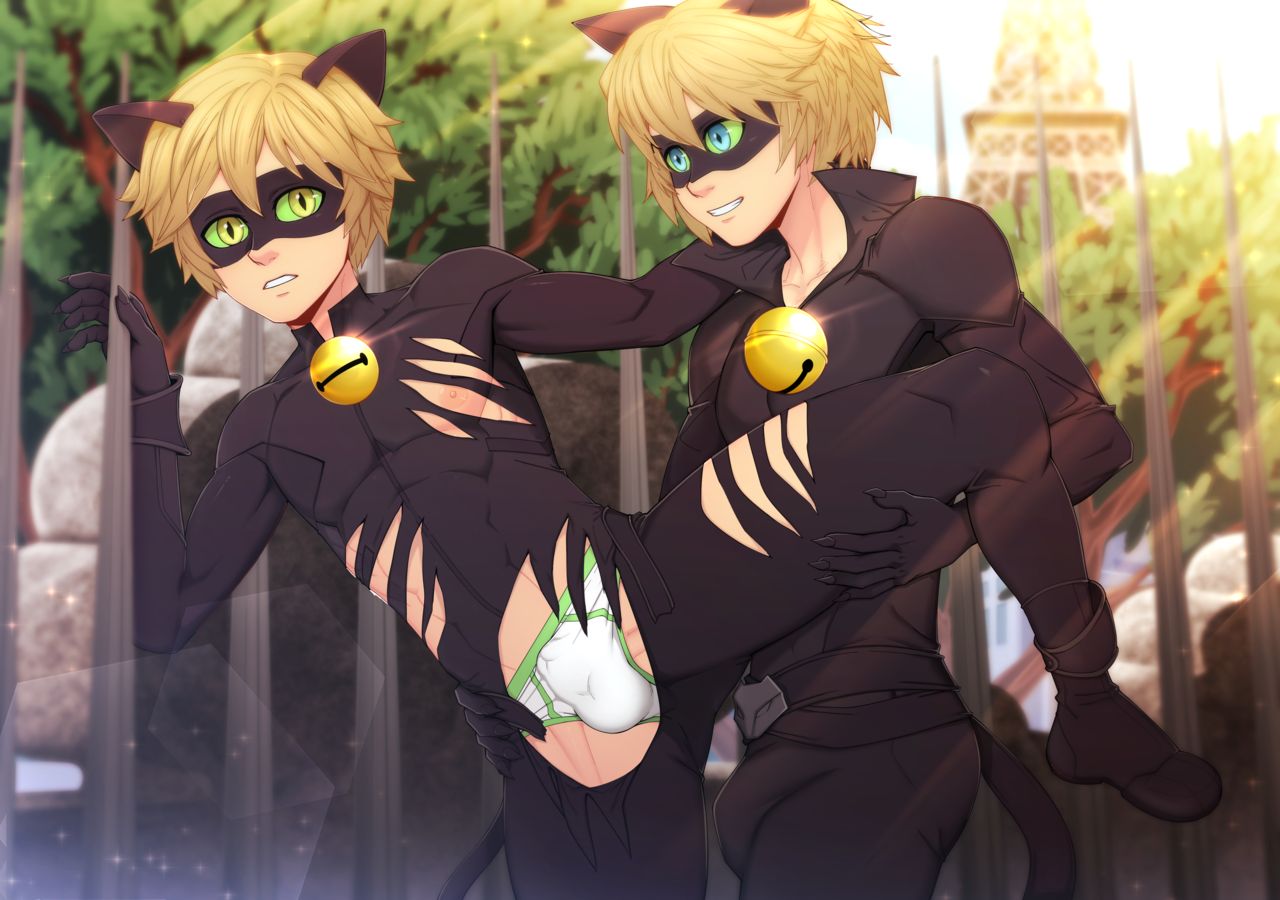 2boys 2d 2d_(artwork) adrien_agreste blonde_hair blue_eyes bodysuit bulge cat_ears cat_noir cousins domino_mask eye_mask felix_graham gay gay_male green_eyes hand_on_hip hand_on_leg imminent_sex incest male male/male male_only miraculous:_tales_of_ladybug_and_cat_noir miraculous_ladybug nipples open_legs ripped_bodysuit ripped_clothes ripped_clothing suiton toned toned_male torn_bodysuit torn_clothes torn_clothing twink underwear yaoi young