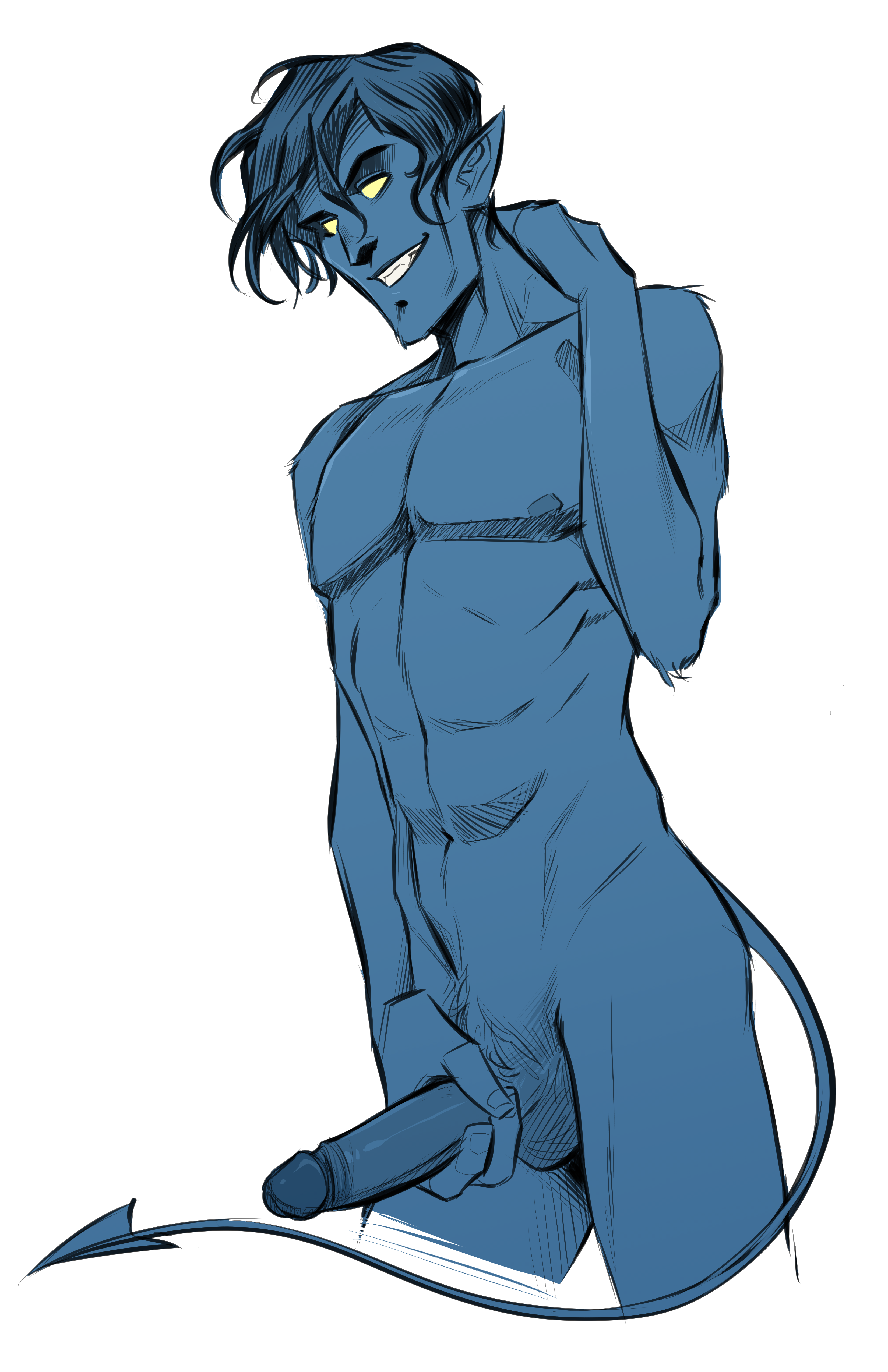 1boy, balls, blue hair, blue skin, fangs, holding penis, kurt wagner, male, male only, marvel, marvel comics, naked, naked male, navel, nightcrawler, nipples, nude, nude male, penis, pointy ears, solo, solo focus, solo male, tagme, tail, x-men, yellow eyes, zet13