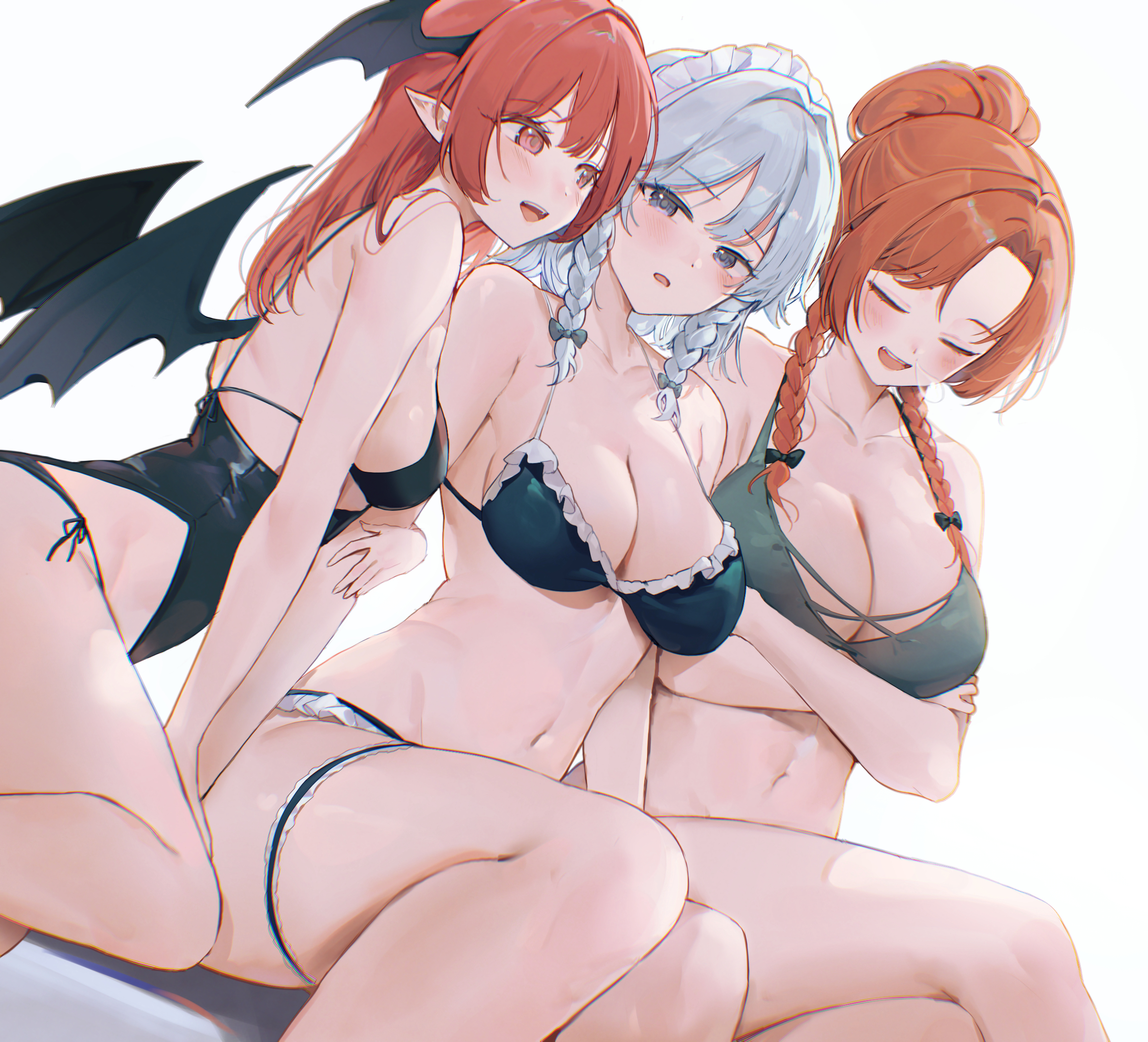 3girls, arms crossed, belly, belly button, big breasts, bikini, blush, breasts, crossed arms, green bikini, hong meiling, koakuma, open mouth, red hair, sakuya izayoi, sarukana, silver hair, swimsuit, touhou, touhou project, wings