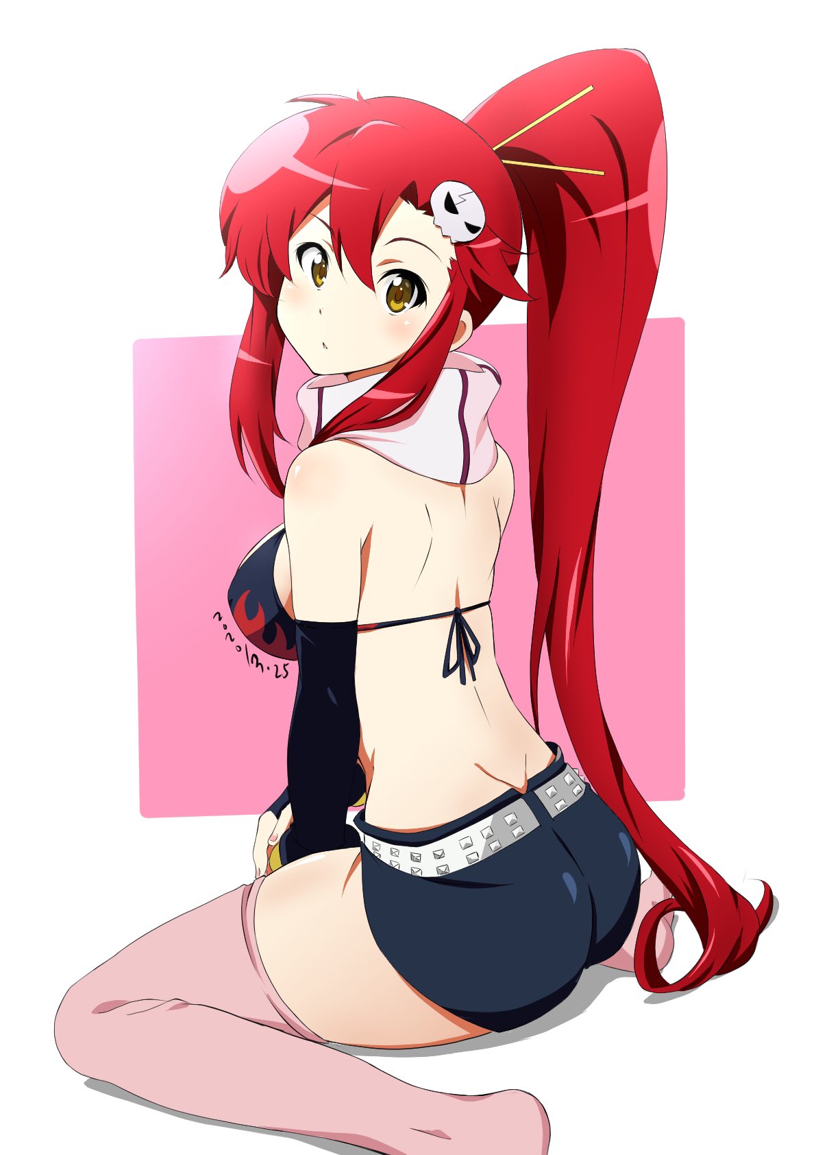 ass, back, bare back, belt, big breasts, blush, body blush, bra, breasts, elbow gloves, feet, female, gloves, hair ornament, long hair, no shirt, open mouth, pink thighhighs, ponytail, red hair, scarf, shorts, sideboob, sitting, tengen toppa gurren lagann, thighhighs, tsujimura ayumu, yellow eyes, yoko littner, zettai ryouiki