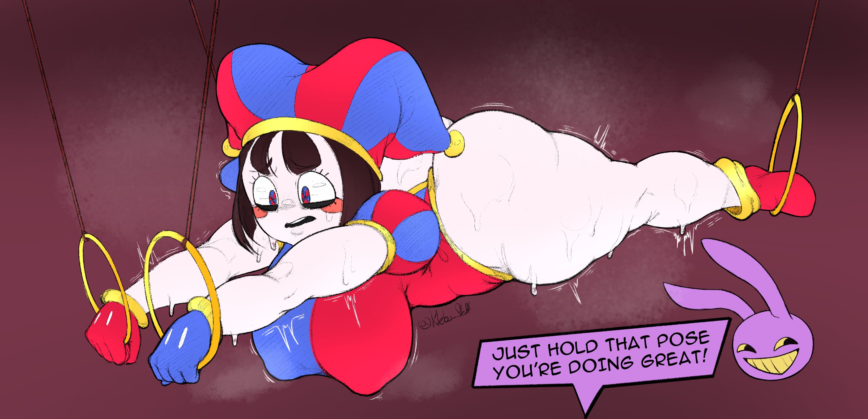 2023, 2d, 2d (artwork), 2d artwork, ass, big ass, big breasts, big thighs, breasts, brown hair, dialogue, dialogue box, female, glitch productions, gloves, gooseworx, huge ass, huge breasts, huge thighs, jax (the amazing digital circus), jester, jester cap, jester costume, jester girl, jester hat, jester outfit, klebo stuff, lying, pomni, pomni (the amazing digital circus), short hair, sweat, sweatdrop, sweating, the amazing digital circus, thick thighs, thighs, white body