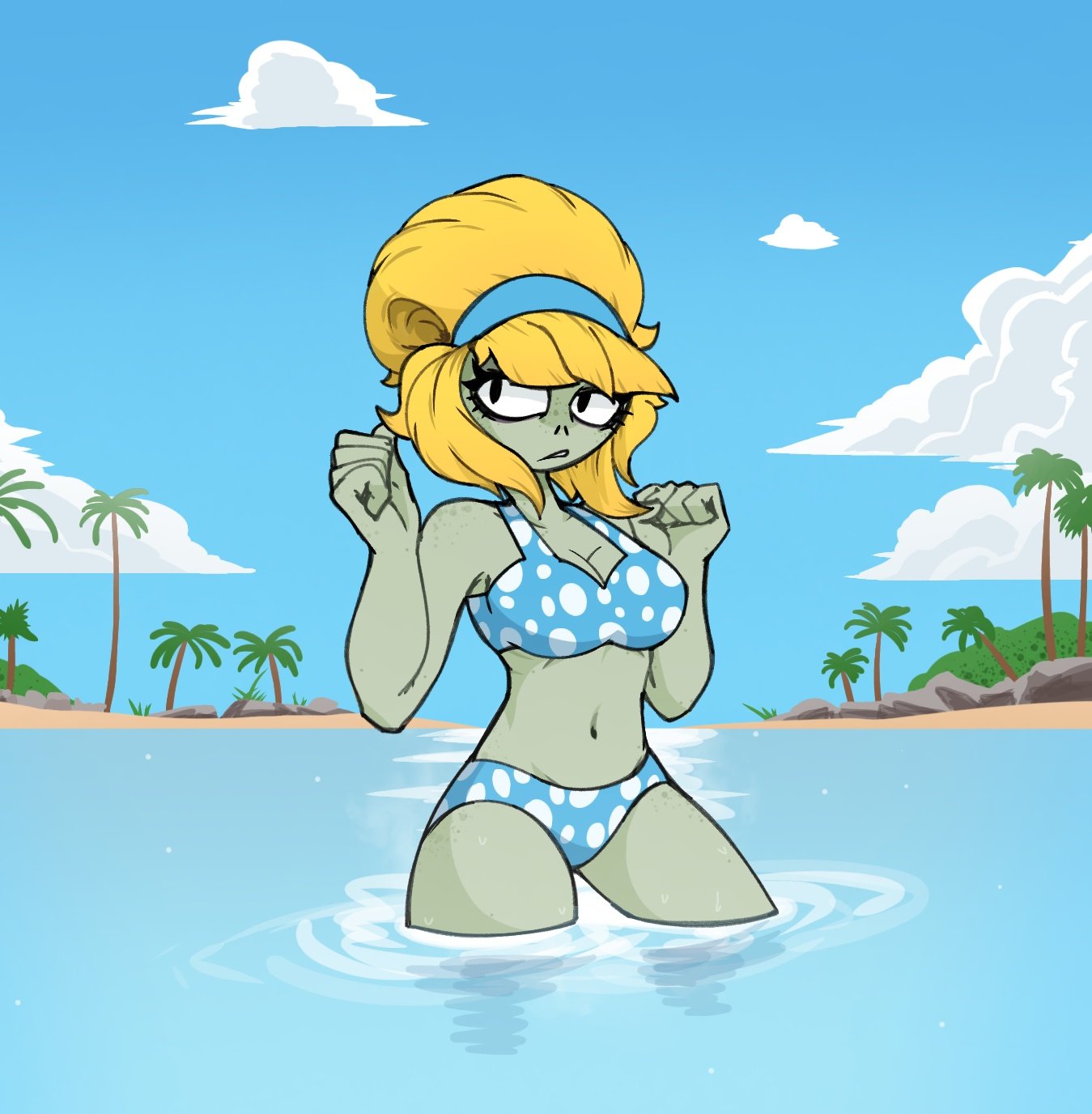 1girls beach bikini bikini_top bikini_zombie_(pvz) blonde_female blonde_hair blue_bikini blush breasts bucket bucket_hat cleavage eyelashes female hand_on_breast holding_breast in_water looking_at_viewer nipples octopus outside plant plants plants_vs_zombies plants_vs_zombies_2:_it's_about_time popcap_games purple_eyes pvz vagina water wet wet_body zombie zombie_(pvz) zombie_girl