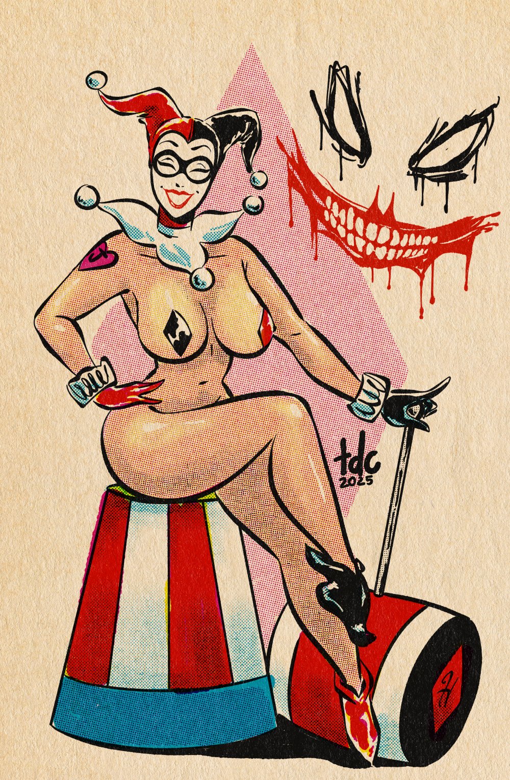1girls, batman (series), big ass, big breasts, big thighs, breasts, clown, clown girl, clown makeup, cowl, curvaceous, curvy, curvy figure, dc, dc comics, digital media (artwork), female, hammer, harleen quinzel, harlequin, harley quinn, harley quinn (classic), hips, hourglass figure, huge ass, huge breasts, jester, jester outfit, large ass, large breasts, legs, light skin, light-skinned female, mature, mature female, naked, nude, pasties, slim waist, smile, tattoo, thedarkcartoon, thick, thick hips, thick legs, thick thighs, thighs, voluptuous, waist, wide hips
