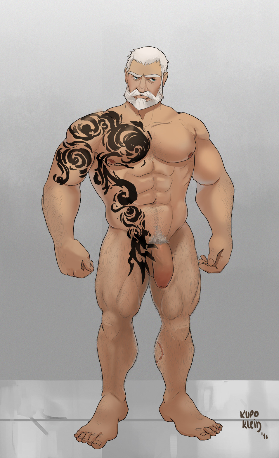 2016 abs bara barefoot beard body_hair claw daddy daddy_kink facial feet fenerir flaccid foreskin grey hairy human kupo_klein male male_focus male_only mature muscles muscular nude old older pecs penis pubes pubic scar scrotum silver solo swirl tattoo testicles toes waghran