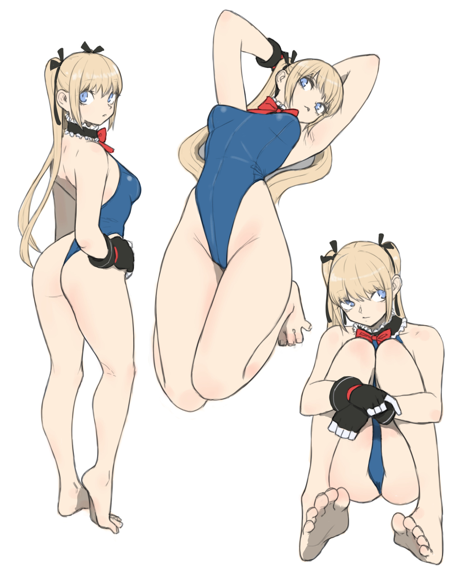 1girls, ass, barefoot, blonde hair, blue eyes, bowtie, breasts, bubble butt, dead or alive, female, female only, lace choker, leotard, long hair, marie rose, marie rose (devilish servant against the splashing waves), medium breasts, solo, swedish female, toshinoshin00, twintails
