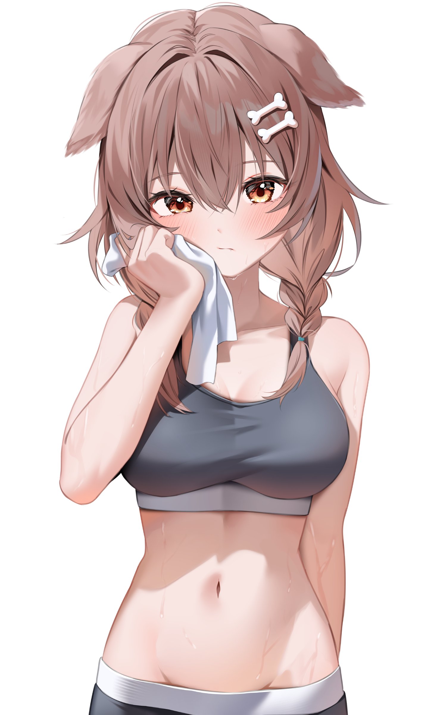 absurdres, animal ears, arm at side, blush, braid, breasts, brown eyes, brown hair, cleavage, closed mouth, collarbone, commentary request, crossed bangs, dog ears, expressionless, female, grey panties, grey sports bra, groin, hair between eyes, hand up, highres, holding, holding towel, hololive, hololive gamers, hololive japan, inugami korone, large breasts, long hair, looking at viewer, low twintails, low-braided long hair, low-tied long hair, navel, panties, shuvi (shuvi1125), simple background, solo, sports bra, sports panties, standing, stomach, straight-on, sweat, towel, twintails, underwear, underwear only, upper body, virtual youtuber, white background, wiping face, wiping sweat
