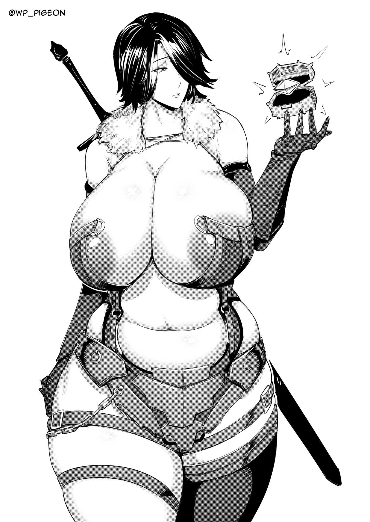 breasts, cleavage, female, female only, huge breasts, monochrome, skyrim, solo, the elder scrolls, waterproof-pigeon