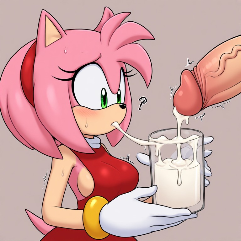 ai generated, amy rose, anonymous male, anthro, big breasts, big penis, cum, cum drip, cum in mouth, cum on face, cumming in cup, cumshot, drinking, drinking cum, fully clothed, glass, glass of cum, huge cock, male/female, nervous, on model, pink hair, reluctant, round breasts, sideboob, sonic (series), veins on dick, veiny penis, worried