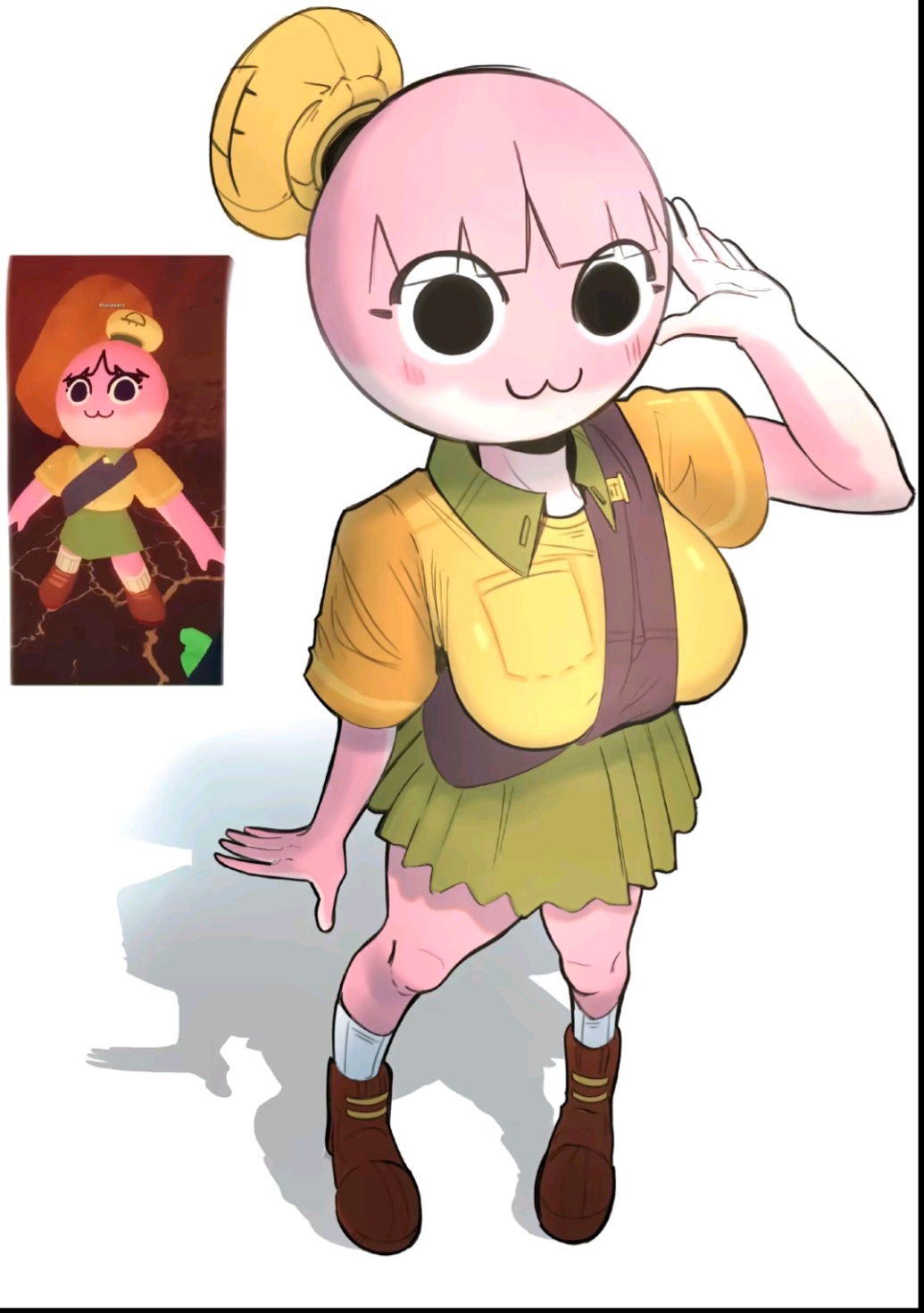 :3, artist request, boots, breasts, circle head, female, peak (videogame), pink skin, scout (peak), scouter, shadow, skirt, socks, solo, solo female, solo focus, video games