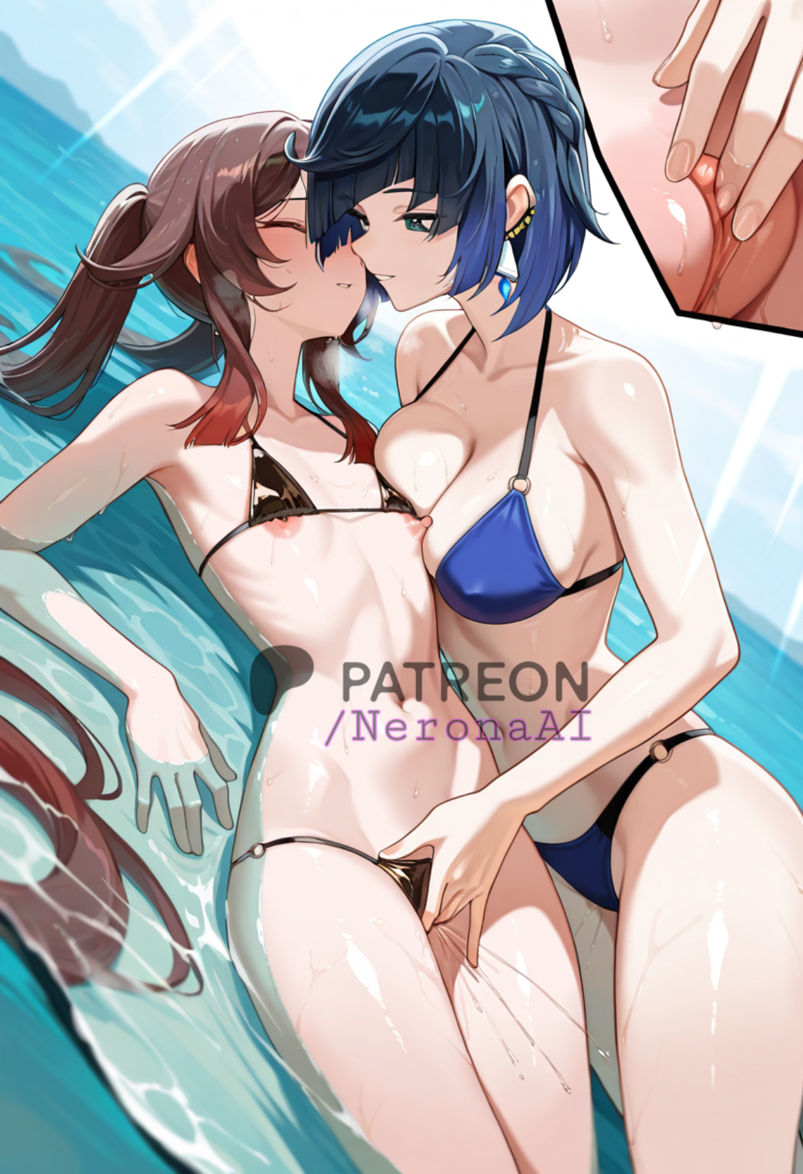 2girls, ai, ai assisted, ai generated, beach, clitoris, female, fingering, genshin impact, hu tao (genshin impact), lying, lying on back, neronaai, pussy, pussy juice, sunlight, wet, wet body, yelan (genshin impact), yuri
