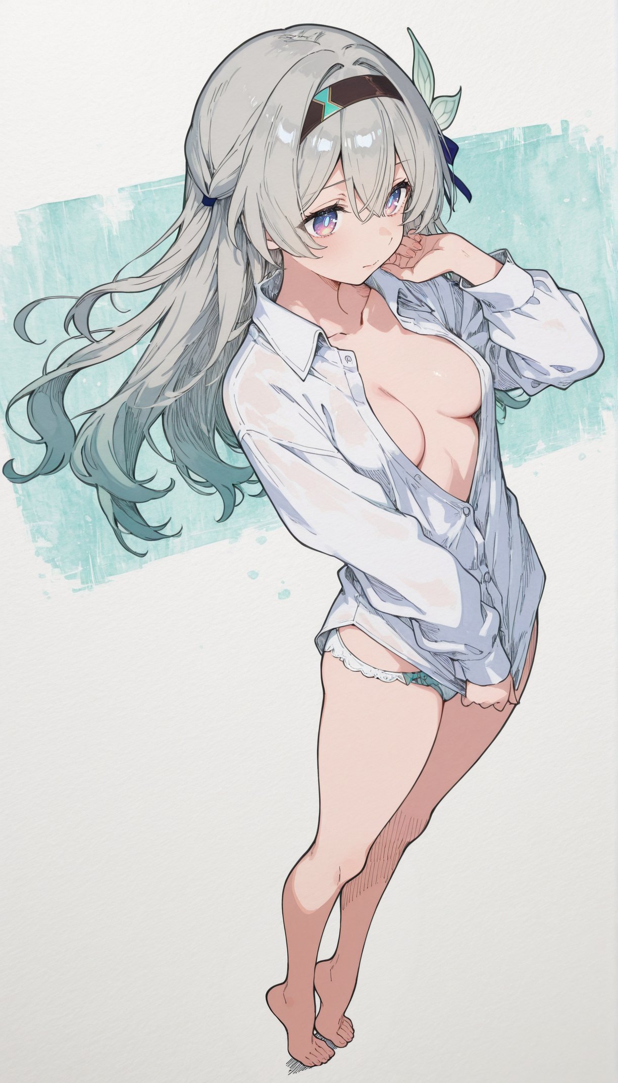 1girls, breasts, exposed breasts, female, firefly (honkai: star rail), honkai: star rail, hoyoverse, long hair, mihoyo, multicolored eyes, multicolored hair, sola iris, underwear, white underwear