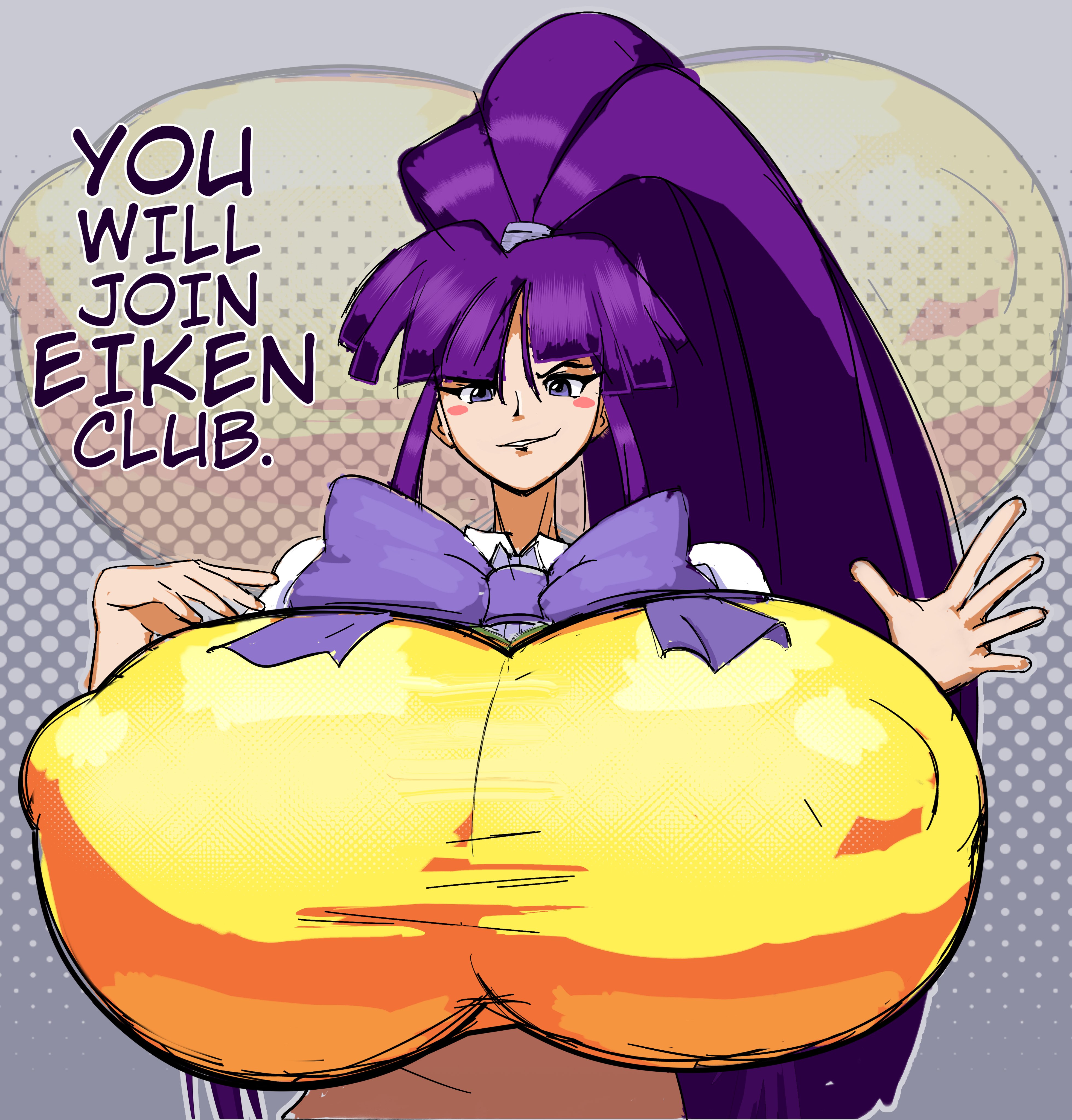 1girls, 2025, 2d, 2d (artwork), 2d artwork, barely contained, barely contained breasts, big breasts, breast focus, breasts, doodlewill, eiken, erect nipples, erect nipples under clothes, female, female only, giant breasts, gigantic breasts, grin, grinning, grinning at viewer, huge breasts, kirika misono, large breasts, light skin, light-skinned female, long hair, looking at viewer, looking pleasured, pony tail, ponytail female, purple eyes, purple hair, shiny breasts, shiny clothes, shiny skin, smile, smiling, smiling at viewer, solo, solo female, solo focus, text