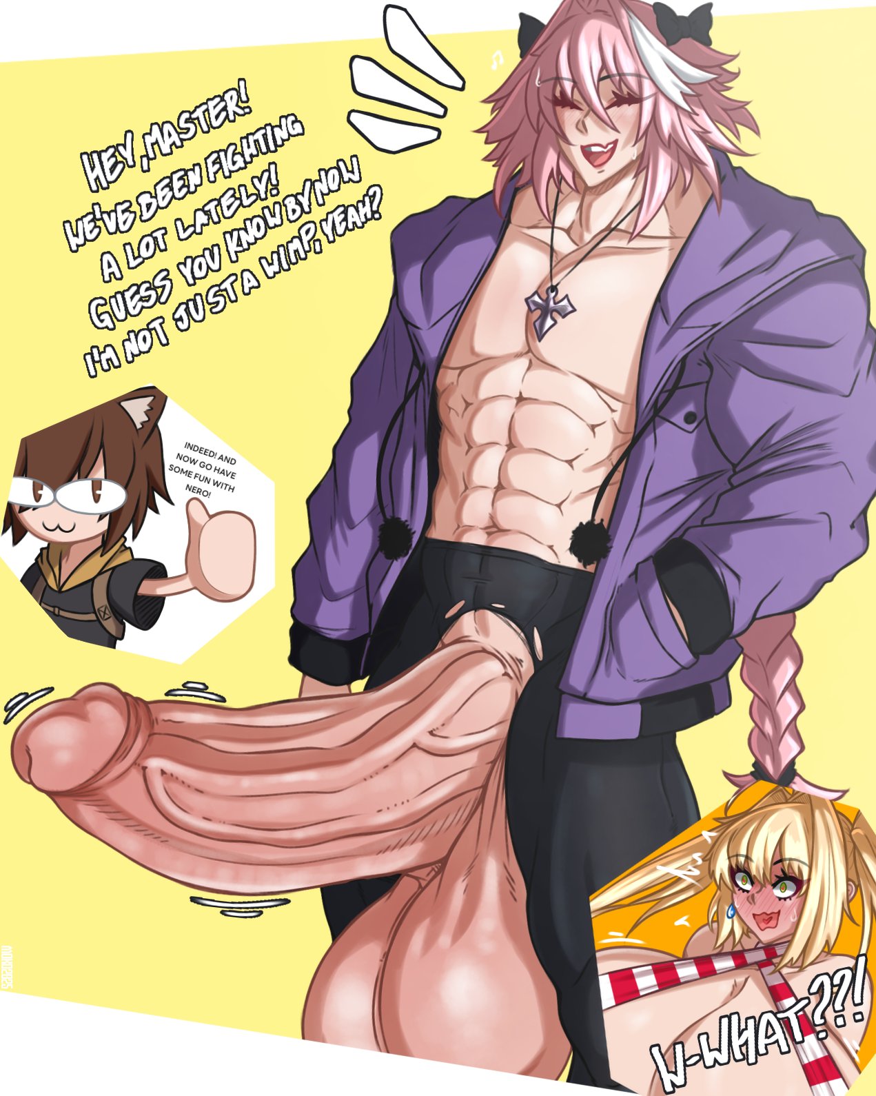 1boy, abs, alternate muscle size, aomokoka, astolfo (fate), balls, excessive muscles, fate (series), fate/grand order, hyper balls, hyper penis, kishinami hakuno (male), light-skinned male, male, male only, muscles, muscular, muscular male, nero claudius (fate), penis, solo