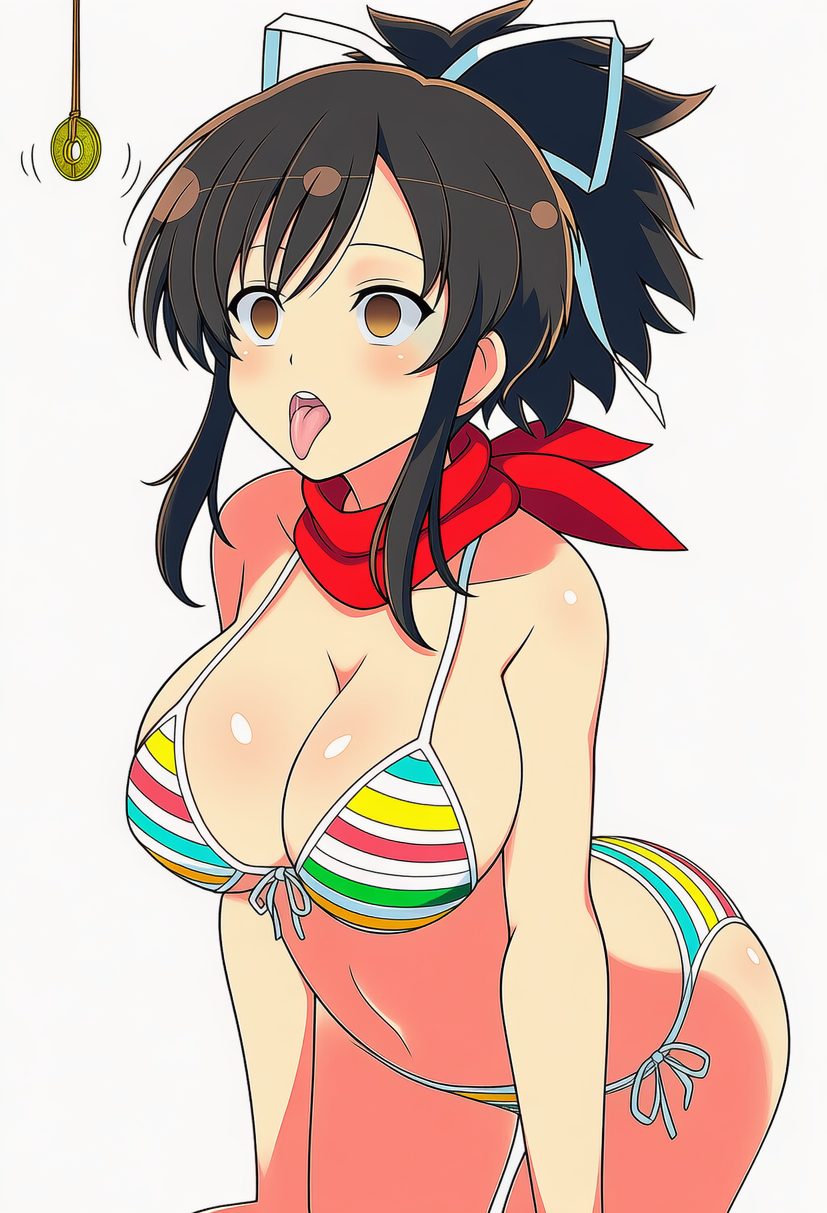 @ @, ai generated, ass, asuka (senran kagura), big breasts, bikini, breasts, brown hair, coin, coin on string, drool, empty eyes, female, femsub, hazel eyes, holed coin, hypnosis, hypnotized, hypnotized female, large breasts, marvelous, mind control, navel, pendulum, ponytail, red scarf, ribbon, senran kagura, side-tie bikini, side-tie bikini bottom, sidelocks, striped bikini, striped bikini bottom, striped bikini top, thighs, tied bikini top, tongue, tongue out, white background, white ribbon