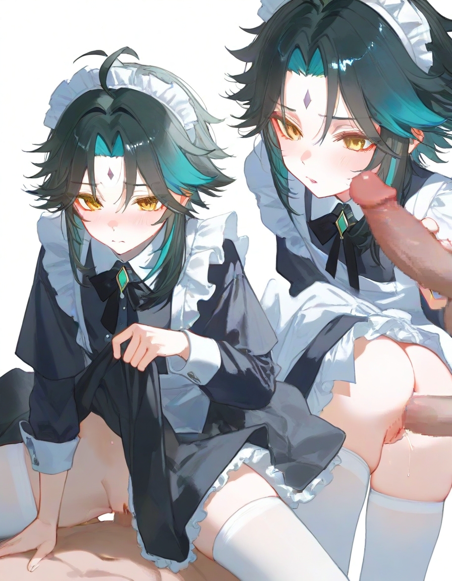 ai generated, blush, censored, civitai, cock, cuntboy, dick, femboy, genital fluids, genshin impact, intersex, lifting shirt, maid, maid apron, maid outfit, male, on top, open mouth, penis, penis on face, pixai, shy, xiao (genshin impact)