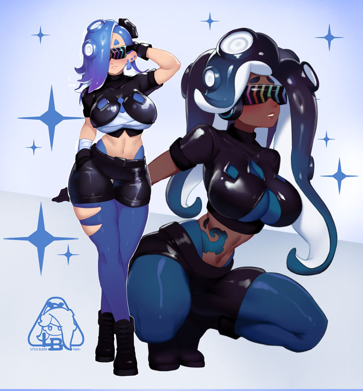 2girls, ankle boots, arm behind head, arm wrap, artist logo, bandages, belt, big breasts, black gloves, black hair, black shirt, black shorts, blue hair, blue tattoo, boots, brainwashing, breasts, callie (octo idol outfit) (splatoon), callie (splatoon), callie (splatoon) (cosplay), cleavage, collar, cosplay, crop top, curvy, dark skin, dark-skinned female, ear piercing, earrings, female, full body, gloves, gradient hair, hair over one eye, headphones, huge breasts, hypno shades (splatoon), jewelry, large breasts, leaning forward, litle blood, little blood, little123blood, logo, long hair, marina (splatoon), medium hair, midriff, mind control, multicolored hair, multiple females, multiple girls, navel, nintendo, octoling, octopus tattoo, pale skin, pantyhose, parted lips, piercing, see-through cleavage, see-through clothes, shiny clothes, shirt, shiver (splatoon), shoes, short eyebrows, short shorts, short sleeves, shorts, simple background, skin tight, smile, spiked waistband, splatoon, splatoon (series), splatoon 2, splatoon 3, squatting, standing, stomach tattoo, studded belt, suction cups, sunglasses, swept bangs, tattoo, tech control, tentacle hair, thick eyebrows, tinted eyewear, torn clothes, torn pantyhose, twintails, two-tone hair, underwear, very dark skin, wide hips
