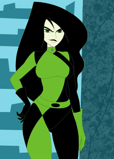animated, black hair, bodysuit, bouncing breasts, breasts, erect nipples, exposed breasts, female, flashing, flashing breasts, green eyes, indoor nudity, indoors, kim possible, kyde, long hair, presenting breasts, removing clothing, ripping clothing, seductive, seductive look, seductive pose, sexy, sexy body, sexy pose, shego, skintight, two-tone clothing