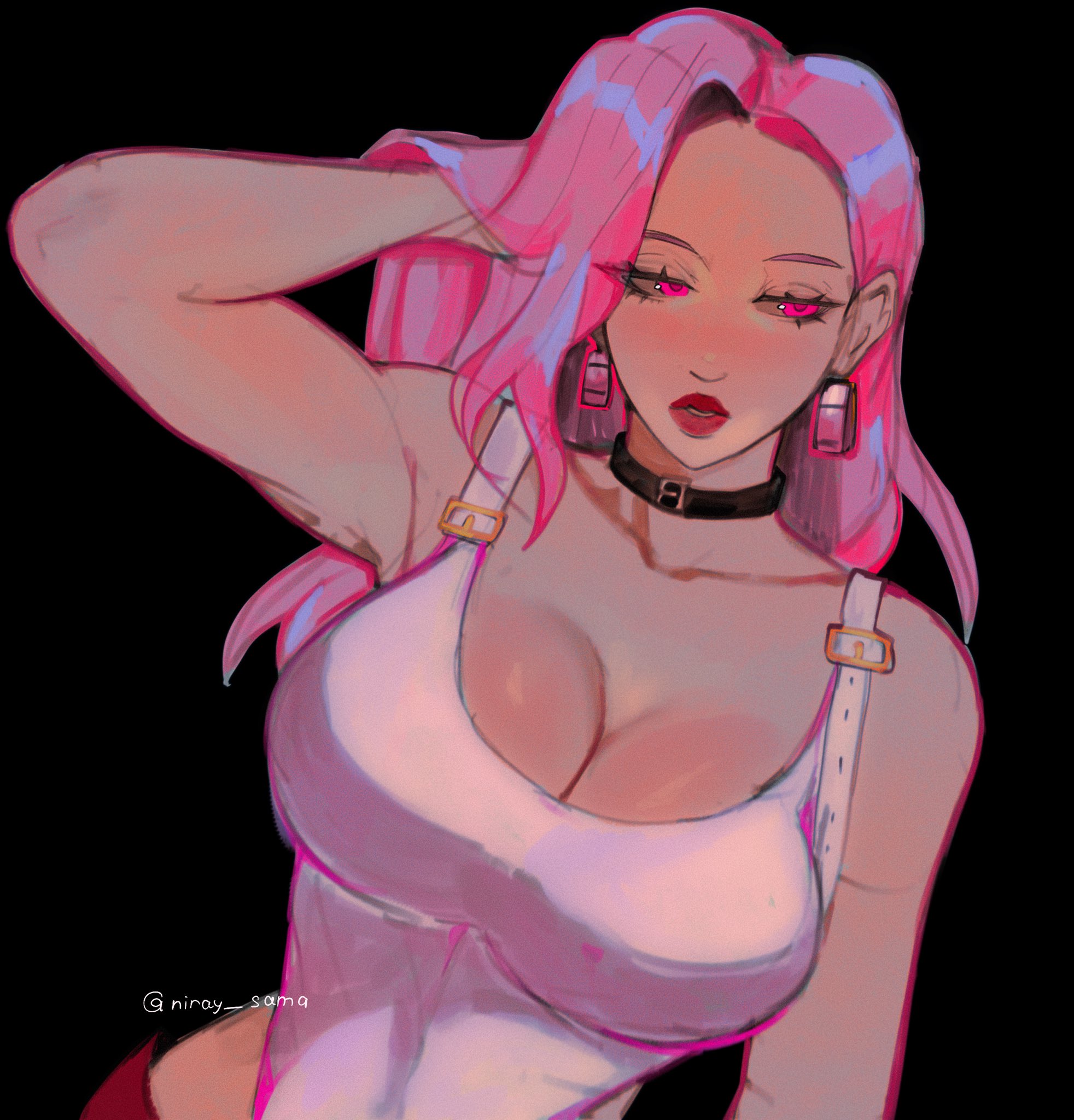 1girls, absurdres, armpits, arms up, big breasts, black eyes, breasts, choker, cleavage, clothed, collar, collarbone, earrings, female, female only, hand in hair, hand on hair, highres, hips, hips wider than shoulders, huge breasts, jewelry, jujutsu kaisen, leotard, lipstick, long hair, looking away, massive breasts, mommy, niray sama, pants, pink eyes, pink hair, pink leotard, pink pupils, red lipstick, red pants, solo, toned, toned female, uro takako