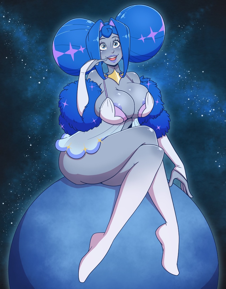 bimbo, bimbofication, blue eyes, blue hair, breasts, female, female only, glitch productions, grey skin, gwen (knights of guinevere), knights of guinevere, large ass, large breasts, pantsless, peeking nipple, princess guinevere, robot girl, smiling at viewer, wrenzephyr2