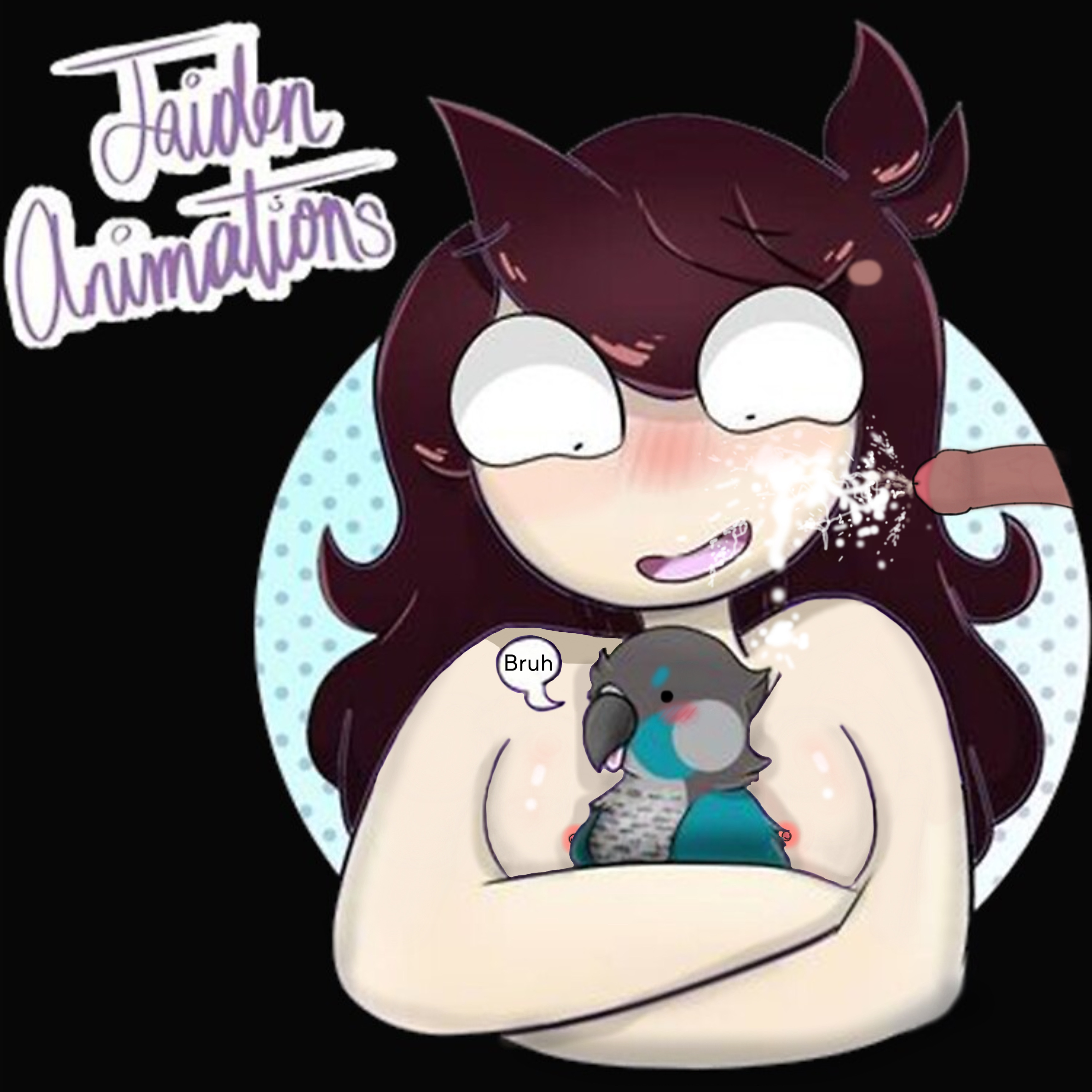 ari (jaidenanimations), bird, black background, blush, breasts, brown hair, covered in cum, cum, cum drip, cum in hair, cum in mouth, cumshot, ejaculation, erection, eyebrows visible through hair, facial, hug, jaiden, jaiden animations, jaiden dittfach, nervous, nipples, nude, penis, pink nipples, shiny skin, smile, white skin, youtube, youtuber