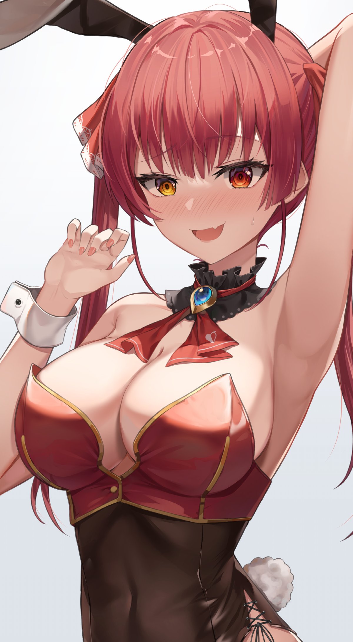 adapted costume, animal ears, arm behind head, armpits, arms up, breasts, cleavage, covered navel, cute fang, detached collar, fake animal ears, female, heterochromia, highres, hololive, hololive fantasy, hololive japan, houshou marine, large breasts, nail polish, open mouth, playboy bunny, rabbit ears, rabbit tail, red eyes, shuvi (shuvi1125), skin fang, solo, tail, upper body, virtual youtuber, white background, white wrist cuffs, wrist cuffs, yellow eyes