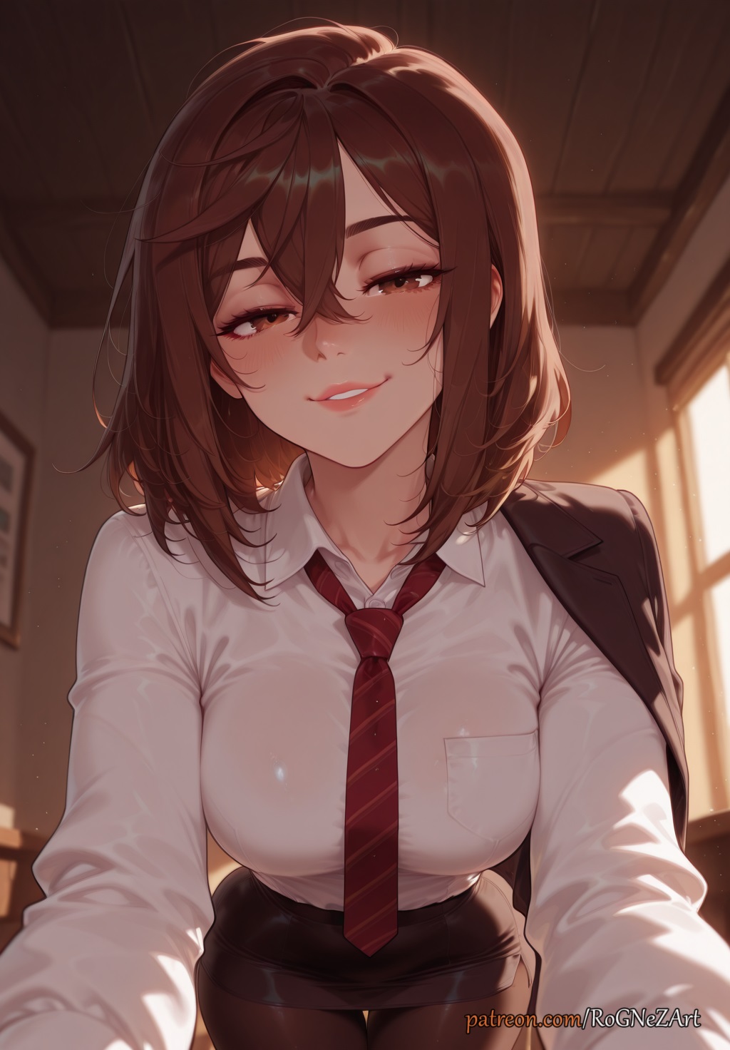 2025, ai generated, anime, ayase momo, bangs, black jacket, black pantyhose, black skirt, blush, breasts, brown eyes, brown hair, cleavage, collared shirt, crossover, dandadan, dress shirt, eye contact, female, female focus, female only, flushed, hair between eyes, half-closed eyes, highres, huge breasts, indoors, inside, jacket, jacket on shoulders, large breasts, lips, long sleeves, looking at viewer, medium hair, miniskirt, necktie, pantyhose, parted lips, patreon, pencil skirt, pov, red necktie, rognezart, shirt, skirt, smile, smiling, solo, striped, striped necktie, thigh gap, white shirt