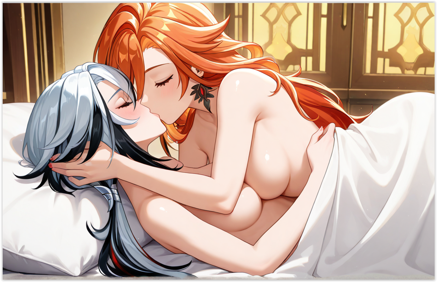 2girls, 2women, ai generated, arlecchino (genshin impact), female, female only, genshin impact, lesbian couple, lesbian domination, lesbian focus, lesbian kiss, mavuika (genshin impact), yuri
