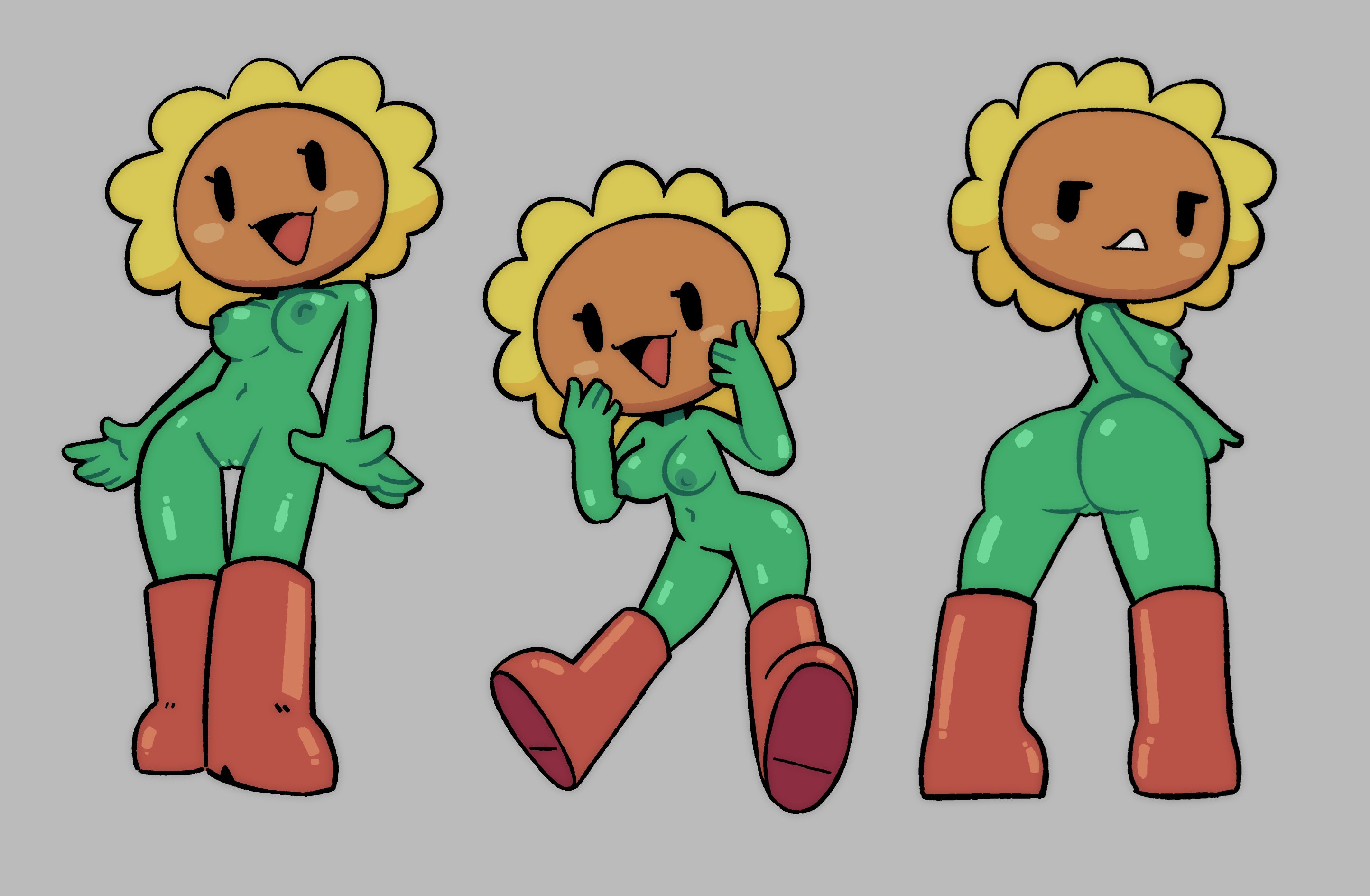 :3, 1girls, 2025, anthro, anthrofied, ass, black eyes, boots, boots only, breasts, clothing, cute, digital media (artwork), dot eyes, electronic arts, elemental creature, female, flora fauna, flower, flower creature, footwear, footwear only, genitals, green body, green nipples, grey background, h cup breasts, hi res, mob face, mostly nude, naked footwear, navel, nipples, not furry, open mouth, plant, plant girl, plant humanoid, plantie, plants vs zombies, plants vs. zombies, popcap games, pussy, shoes, simple background, smile, solo, sunflower, sunflower (pvz), vulva, yopy