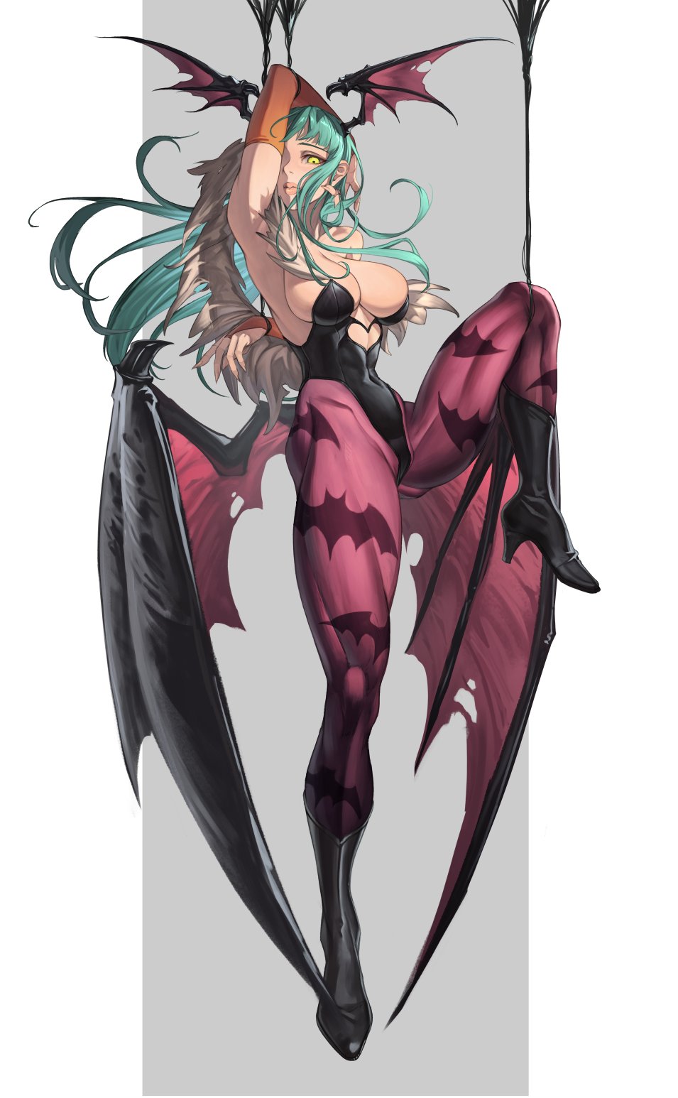 1girls, armpits, arms up, breasts, darkstalkers, exposed breasts, female, green eyes, green hair, morrigan aensland, succubus, succubus wings, temoc