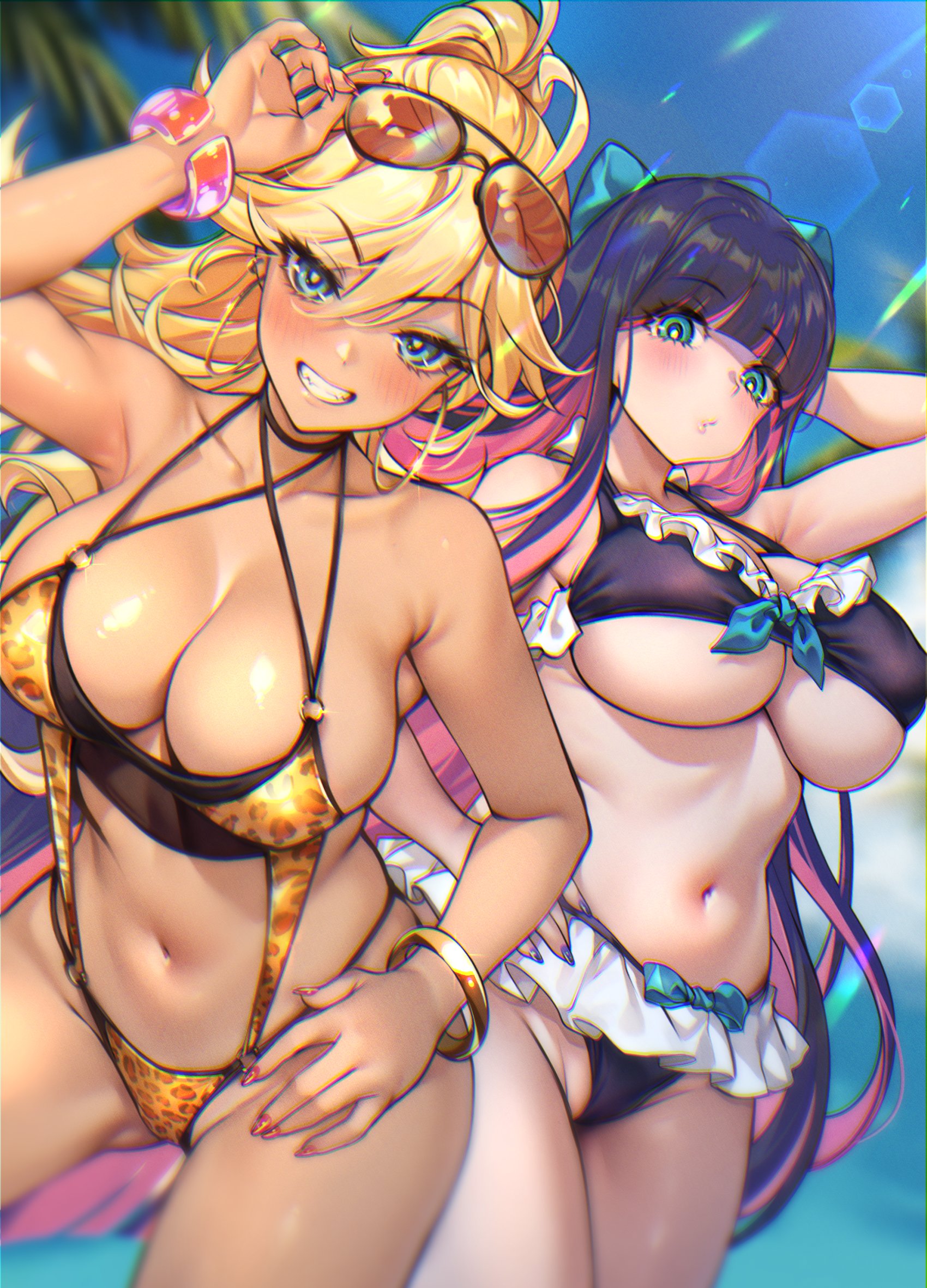 2girls, animal print, arm up, bare shoulders, beach, bikini, black hair, blonde hair, blue eyes, blue sky, blush, bracelet, breasts, colored inner hair, commentary request, dark skin, dark-skinned female, day, eyewear on head, female, frilled bikini, frills, grin, gyaru, highres, jewelry, large breasts, leopard print, long hair, looking at viewer, multicolored hair, multiple females, multiple girls, nail polish, navel, outdoors, palm tree, panty (psg), panty & stocking with garterbelt, panty anarchy, pink hair, shashaki, siblings, sisters, sky, smile, stocking (psg), stocking anarchy, stomach, swimsuit, tree, two-tone hair, underboob, very long hair