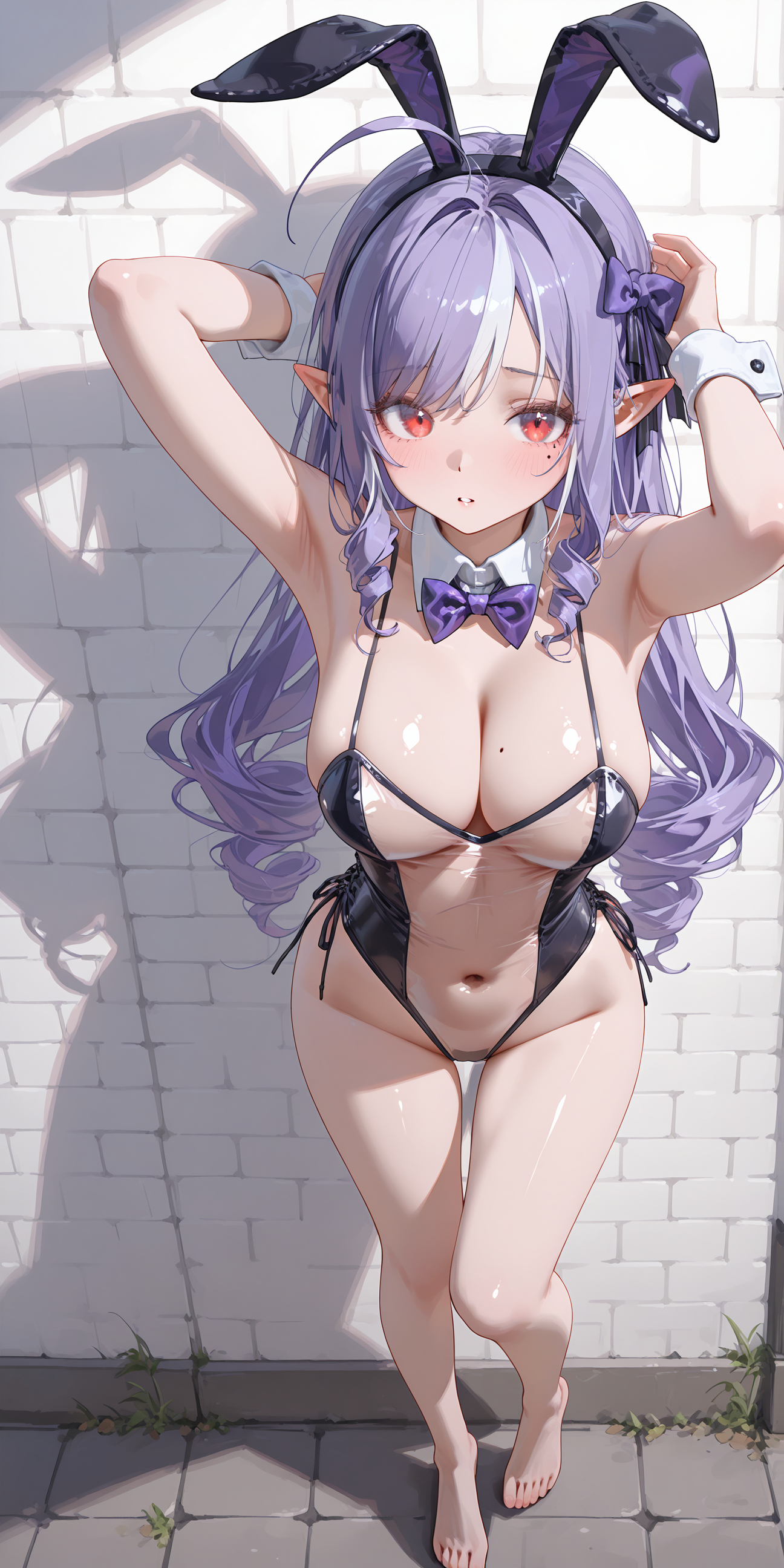 ai generated, armpits, arms up, black bunny ears, breasts, bunny ears, bunnysuit, elf ears, exposed breasts, female, hoyoverse, long hair, mihoyo, purple hair, red eyes, see-through clothing, vivian (zenless zone zero), vivian banshee, zenless zone zero