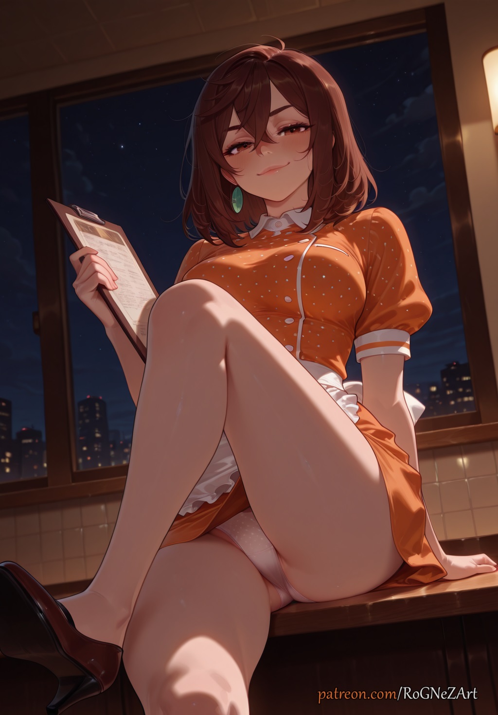 2025, ai generated, anime, apron, arm support, ayase momo, bangs, blush, breasts, brown eyes, brown hair, cleavage, clipboard, closed mouth, crossover, dandadan, earrings, eye contact, female, female focus, female only, flushed, hair between eyes, high heels, highres, holding, holding clipboard, huge breasts, indoors, inside, jewelry, large breasts, looking at viewer, medium hair, neutral expression, night, night sky, orange dress, orange shirt, orange skirt, panties, pantyshot, patreon, polka dot, polka dot panties, puffy short sleeves, puffy sleeves, rognezart, short sleeves, sitting, skirt, sky, smile, smiling, solo, thick thighs, thighs, underwear, waist apron, waitress, white apron, white panties, window